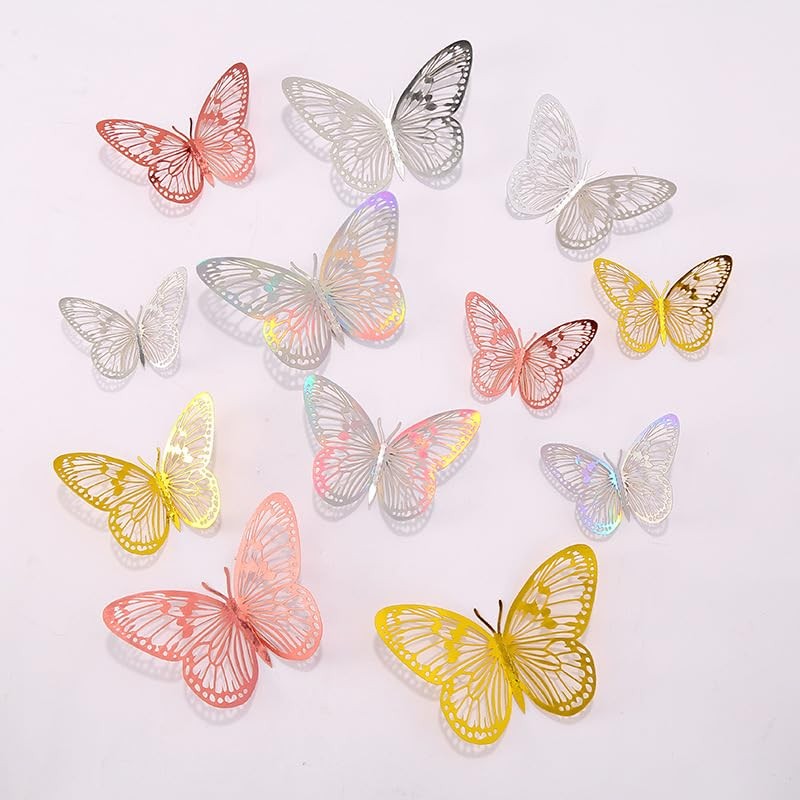3D Butterfly Wall Decor 48 Pcs – 4 Colors, 3 Gold+laser+rose Gold+silver