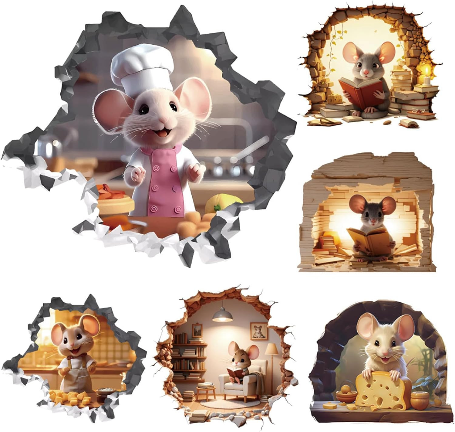 6PCS 3D Mouse Hole Wall Decals Peel and Stick,Decorative Wall Stickers, Fun A…