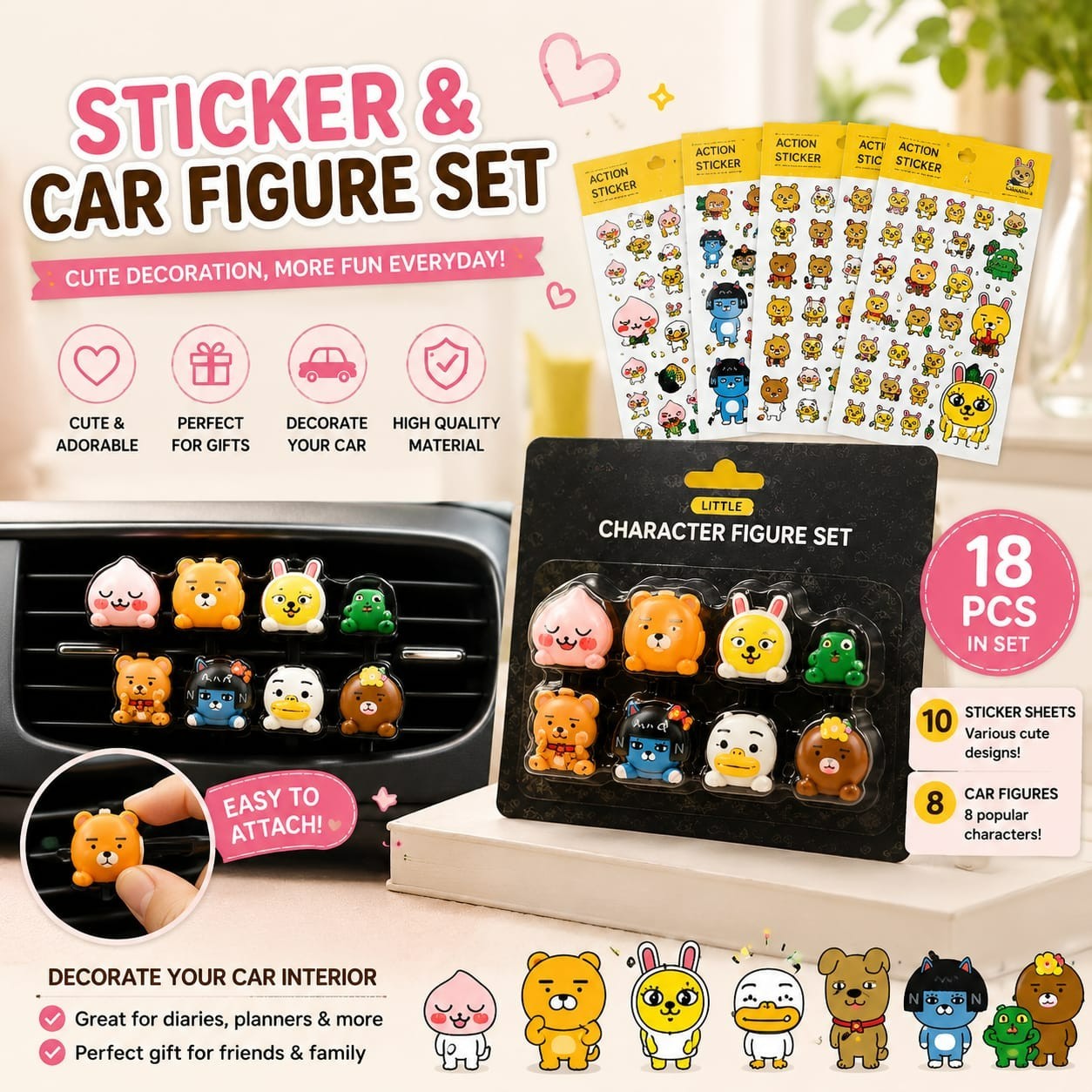Cute Korean Character Sticker & Car Figure Set 18PCS