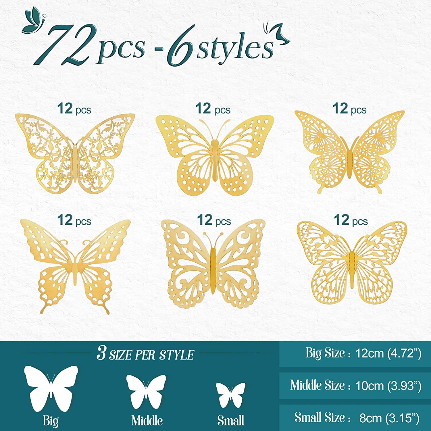 72 Pcs Butterfly Wall Decor Stickers, 6 Styles Gold Butterfly Decorations 3 Size
