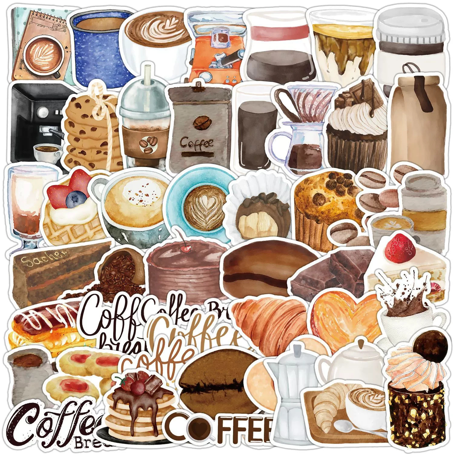 50pcs Waterproof Vinyl Stickers Coffee Cake Dessert Luggage Phone Laptop Car