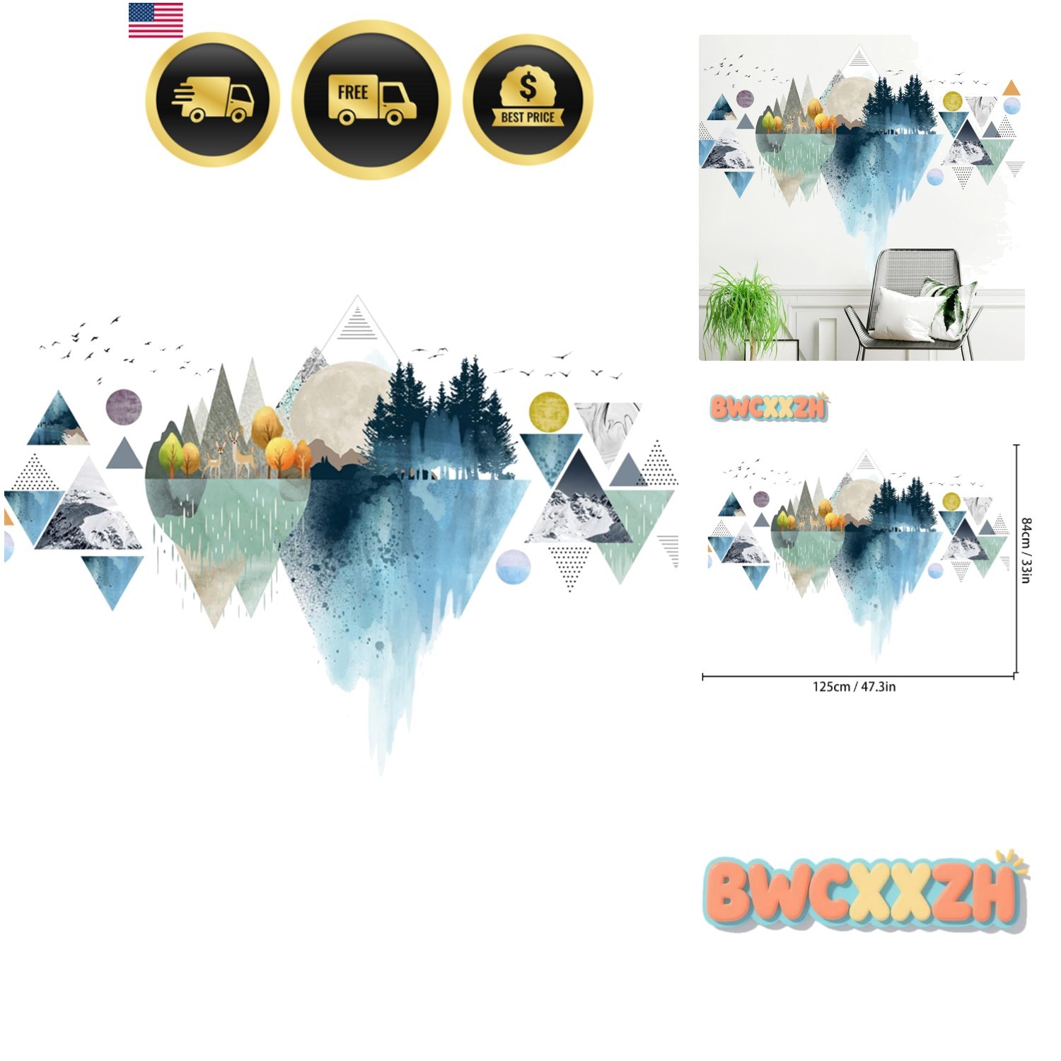 Wall Stickers Mountain Decal Geometric Removable Nursery Home Decor Blue