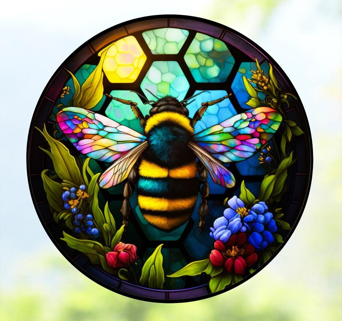Bee & Flowers Faux Stained-Glass WINDOW CLING Sun-catcher Size 8″ Round Vinyl