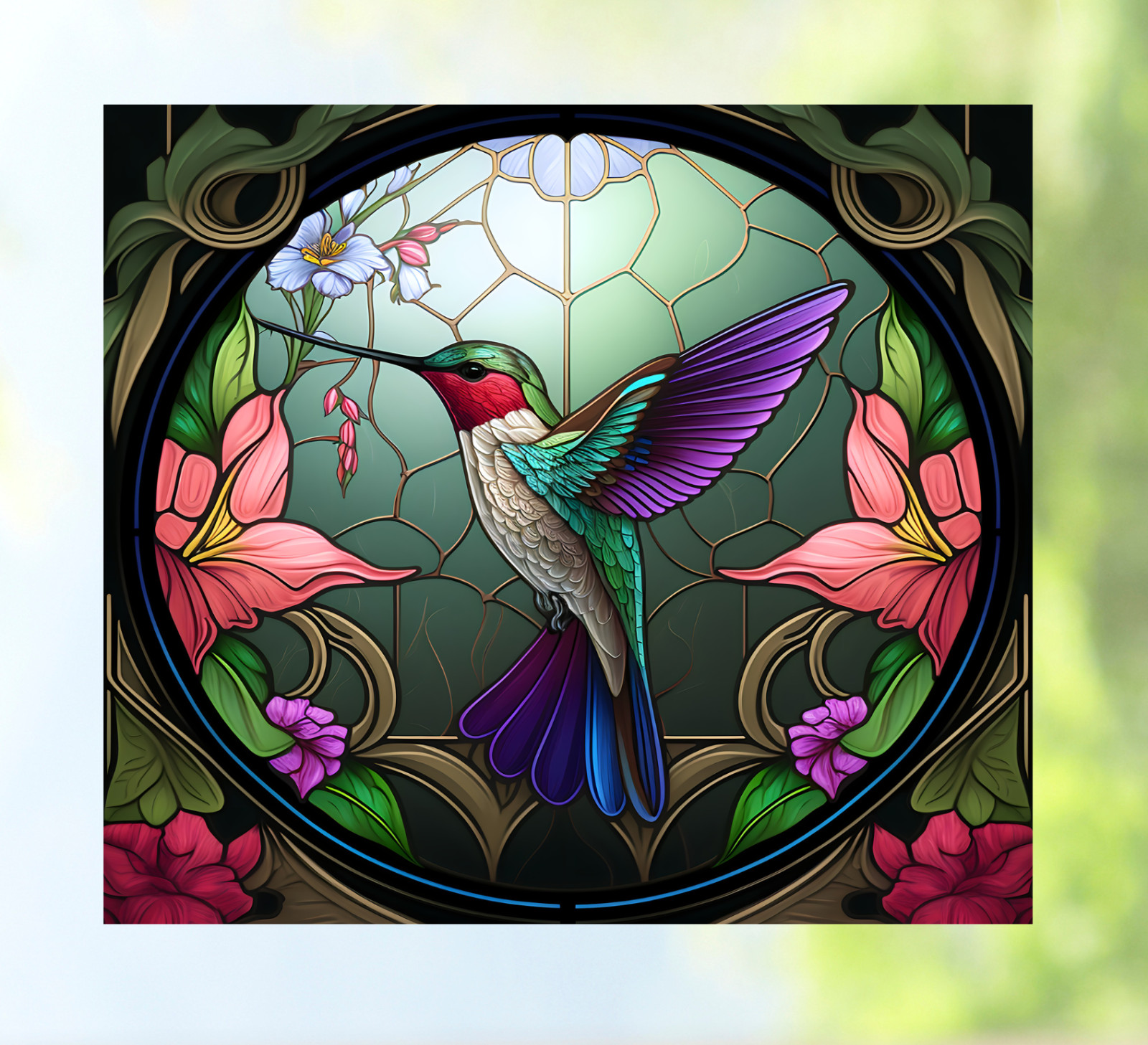 Hummingbird Faux Stained Glass WINDOW CLING Size 9.1″ Vinyl Window Decoration