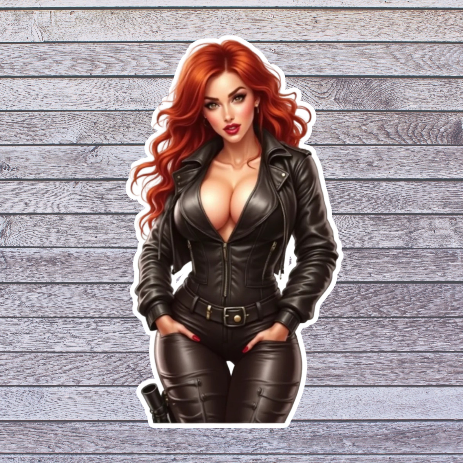 Pinup girl sticker vinyl decal redhead cleavage biker jacket leather sultry