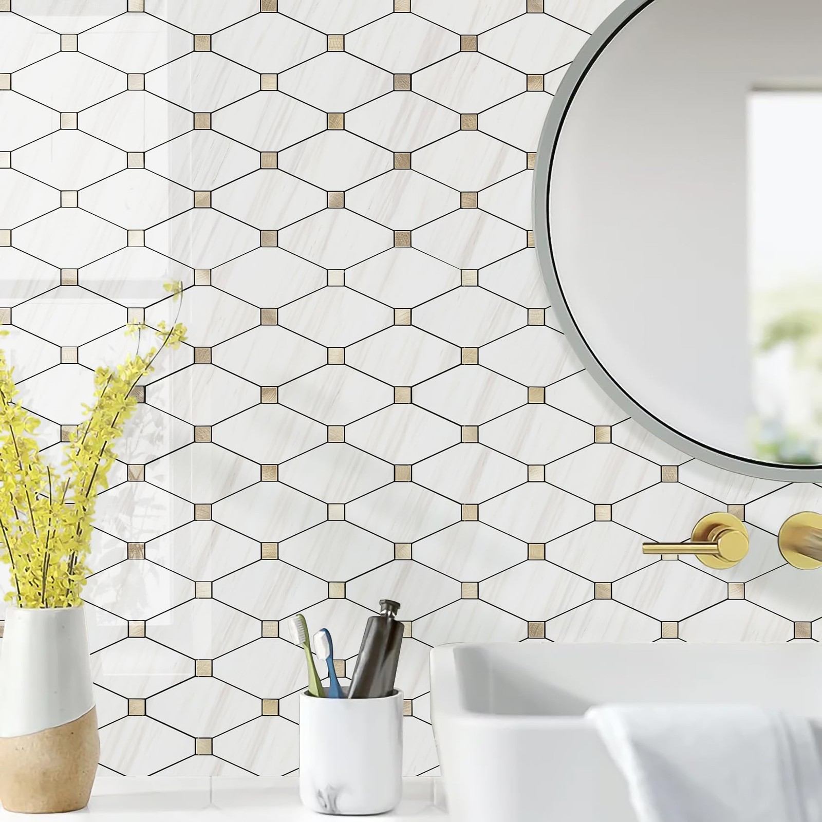 10 Sheets Peel and Stick Backsplash, Polished Dolomite PVC Mixed Metal Gold K…