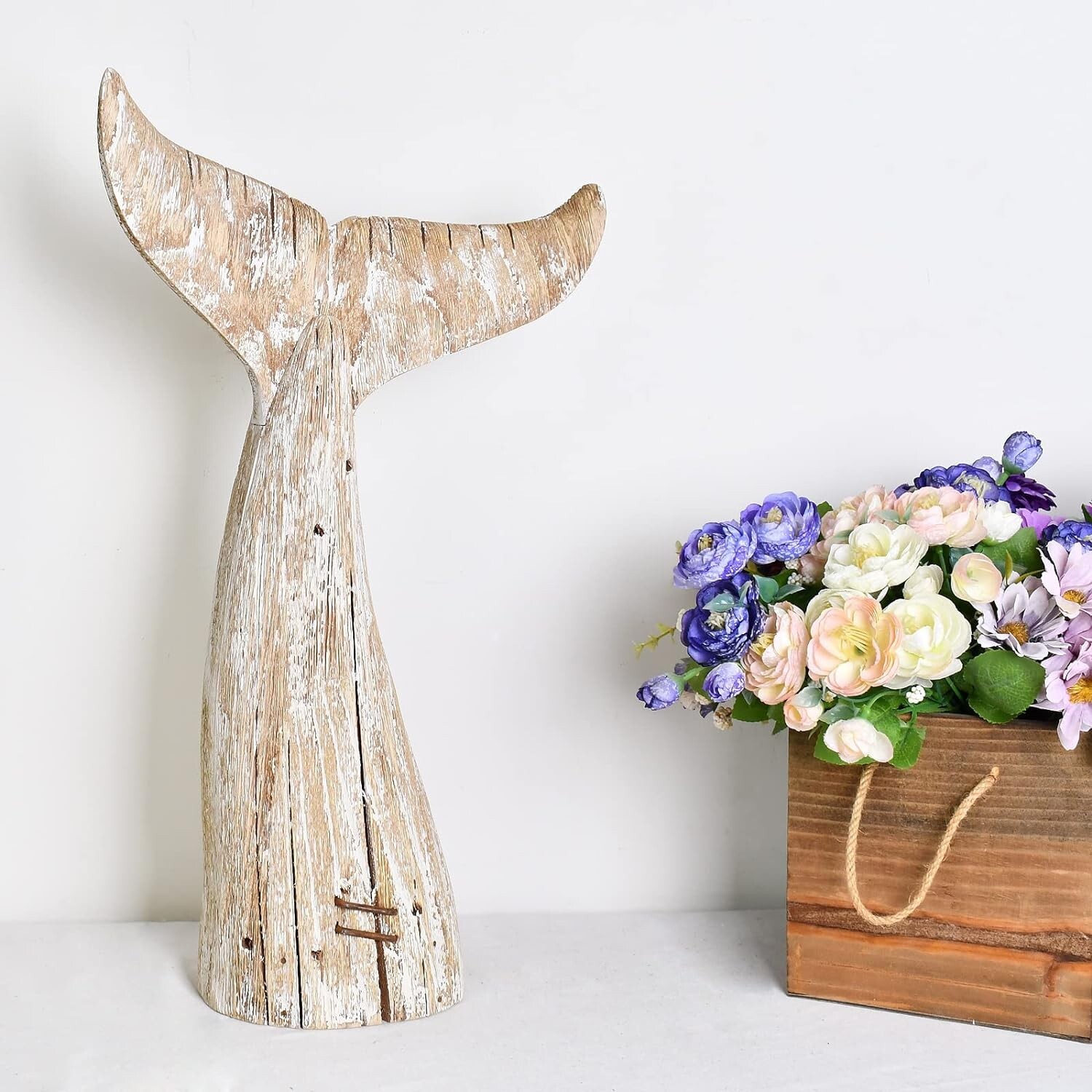 Aecipl Nautical Home Decor Wood Whale Tail Tabletop Statue Decorative (19.5″ H)