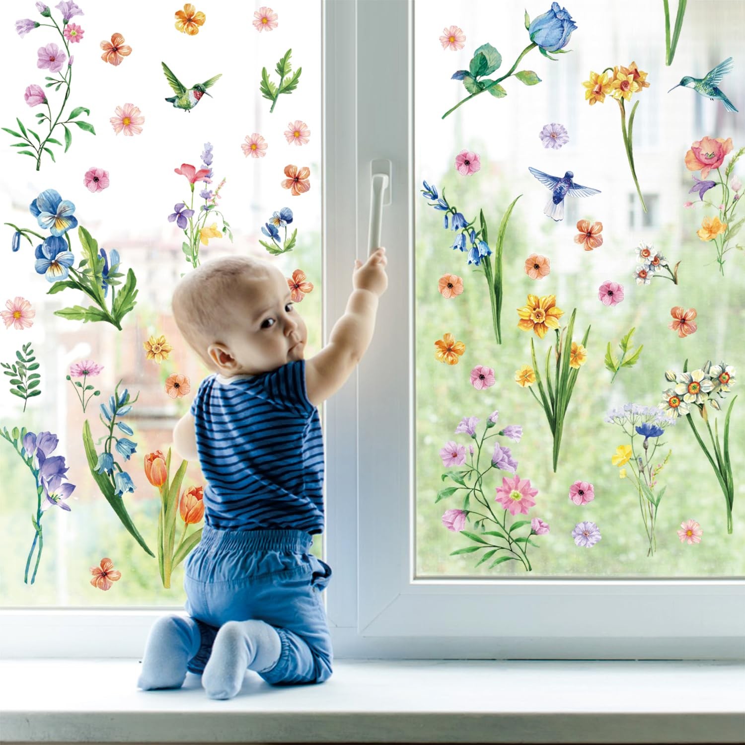 Aryroi Spring Flower Window Sticker Floral Decals Green 12.2×1.3 inch