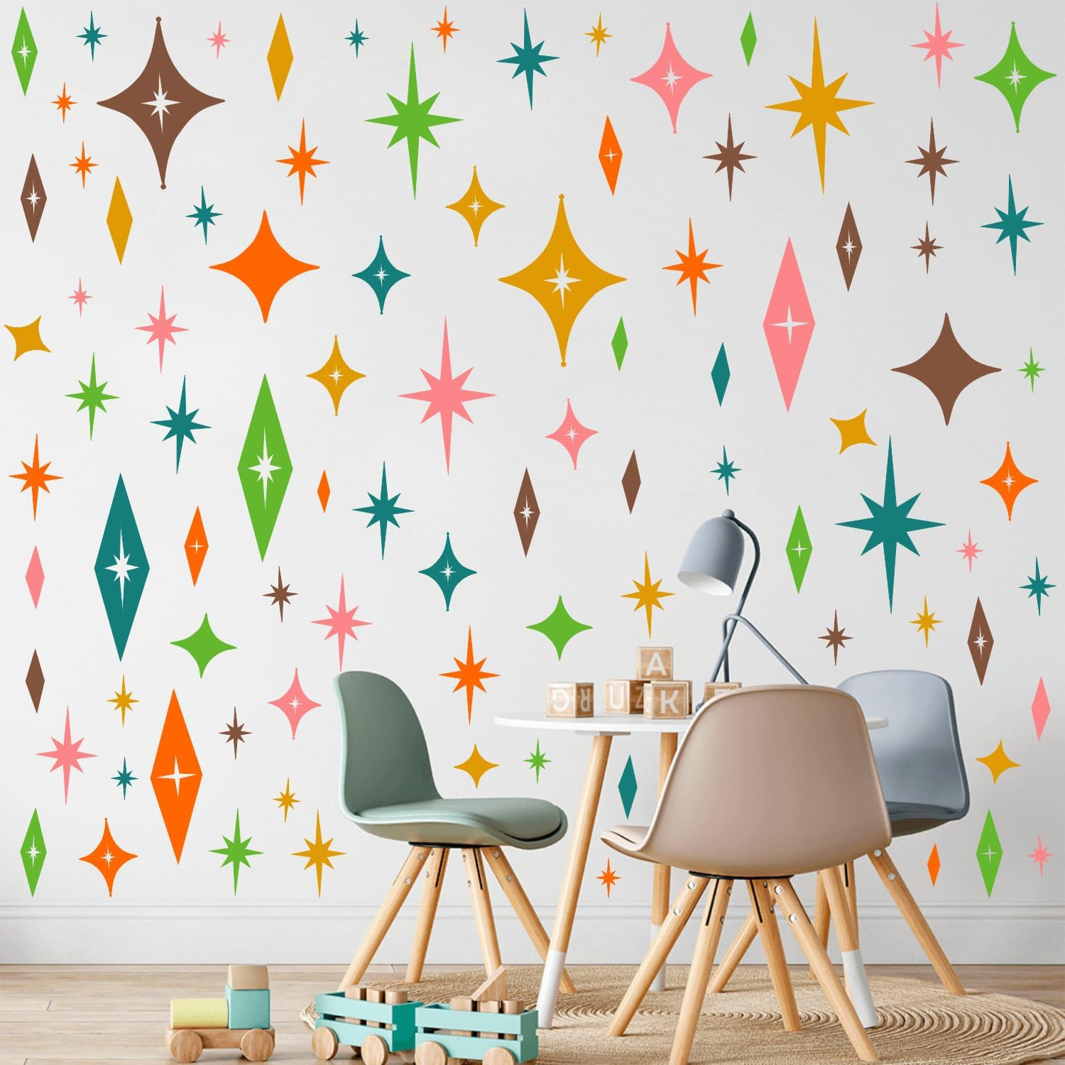 Colorful Stars Wall Stickers, Mid Century Modern Vintage Atomic Star Vinyl Wall