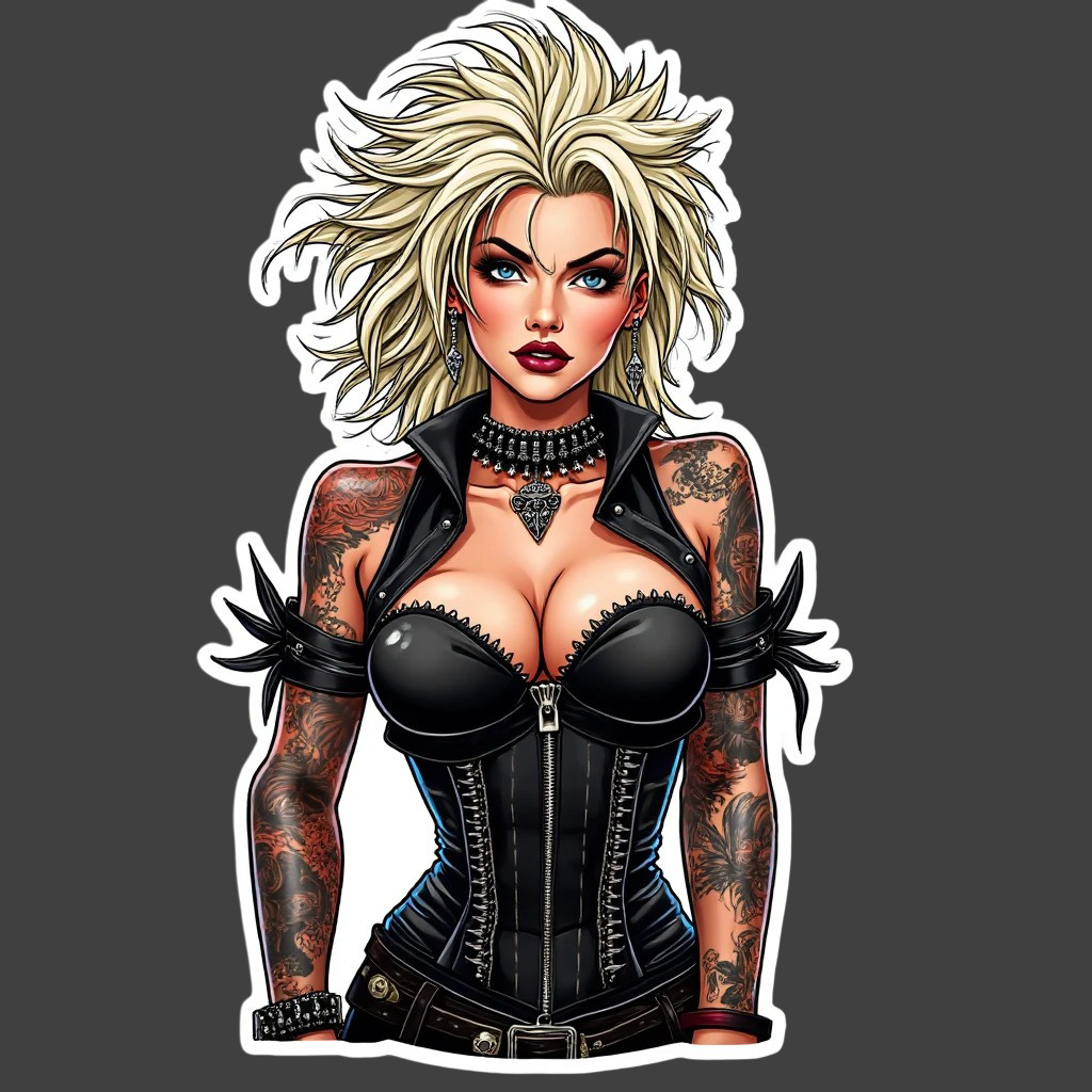 Pinup girl sticker vinyl decal platinum edgy corset spikes inked curvy busty art
