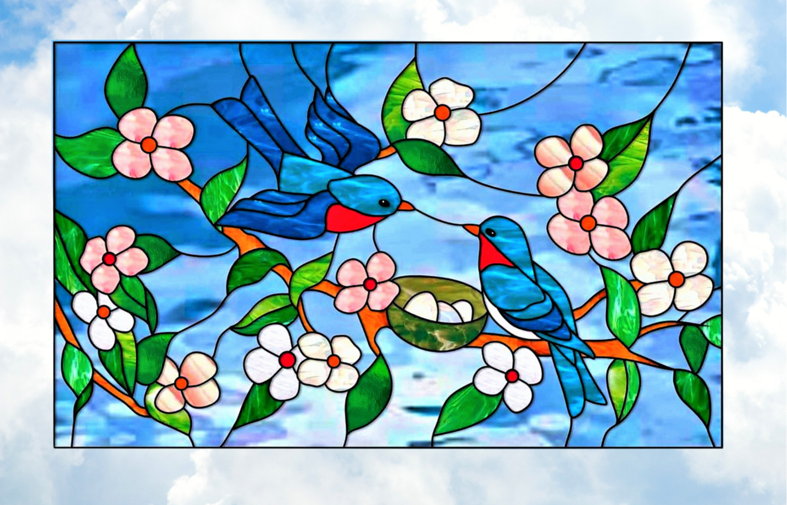 Bluebirds & Cherry Blossoms Faux Stained Glass WINDOW CLING Size 10.6″ Vinyl