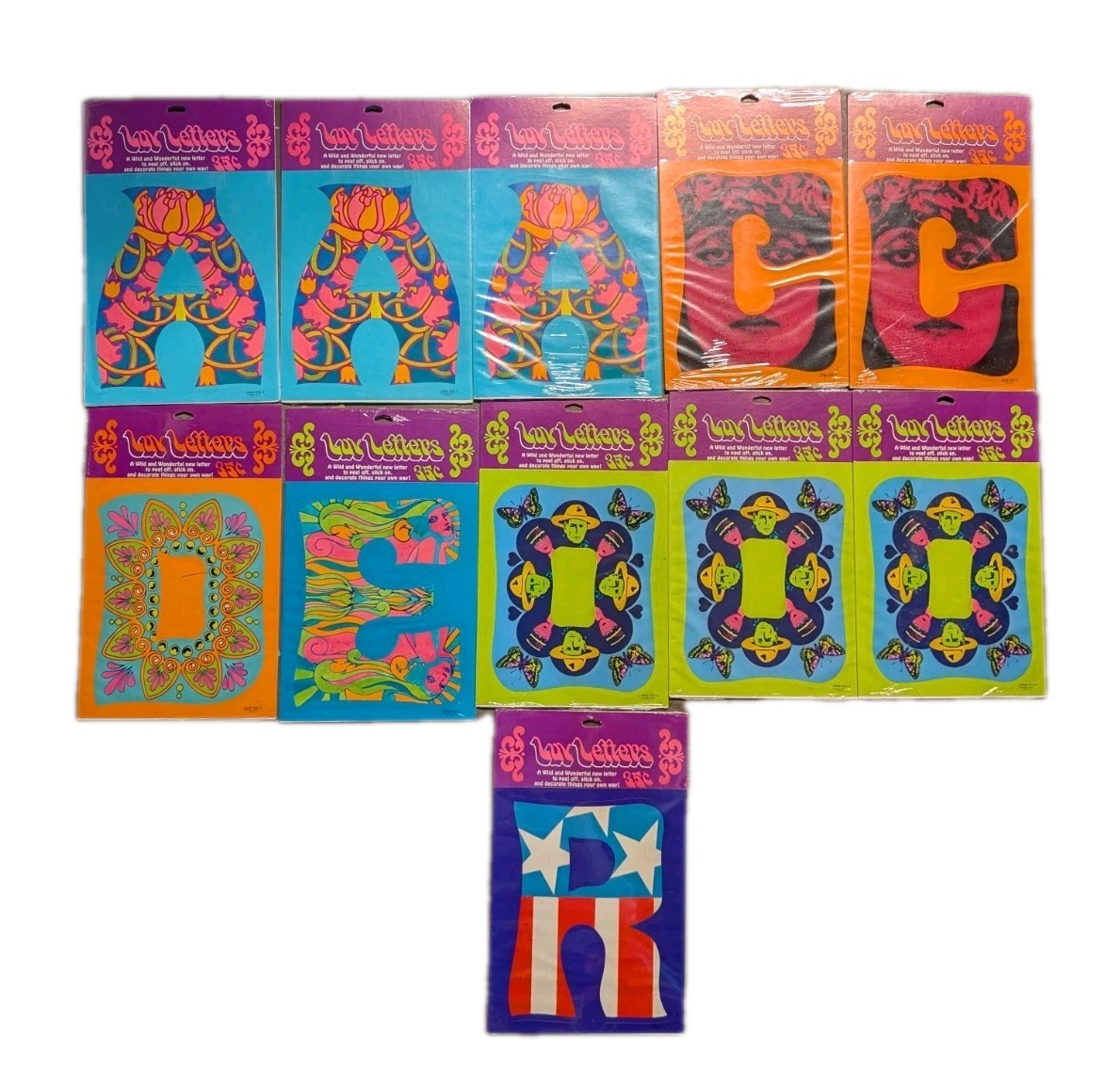 Lot Of 11 1970s Luv Letters Vintage Hallmark Psychedelic Sticker New & Sealed