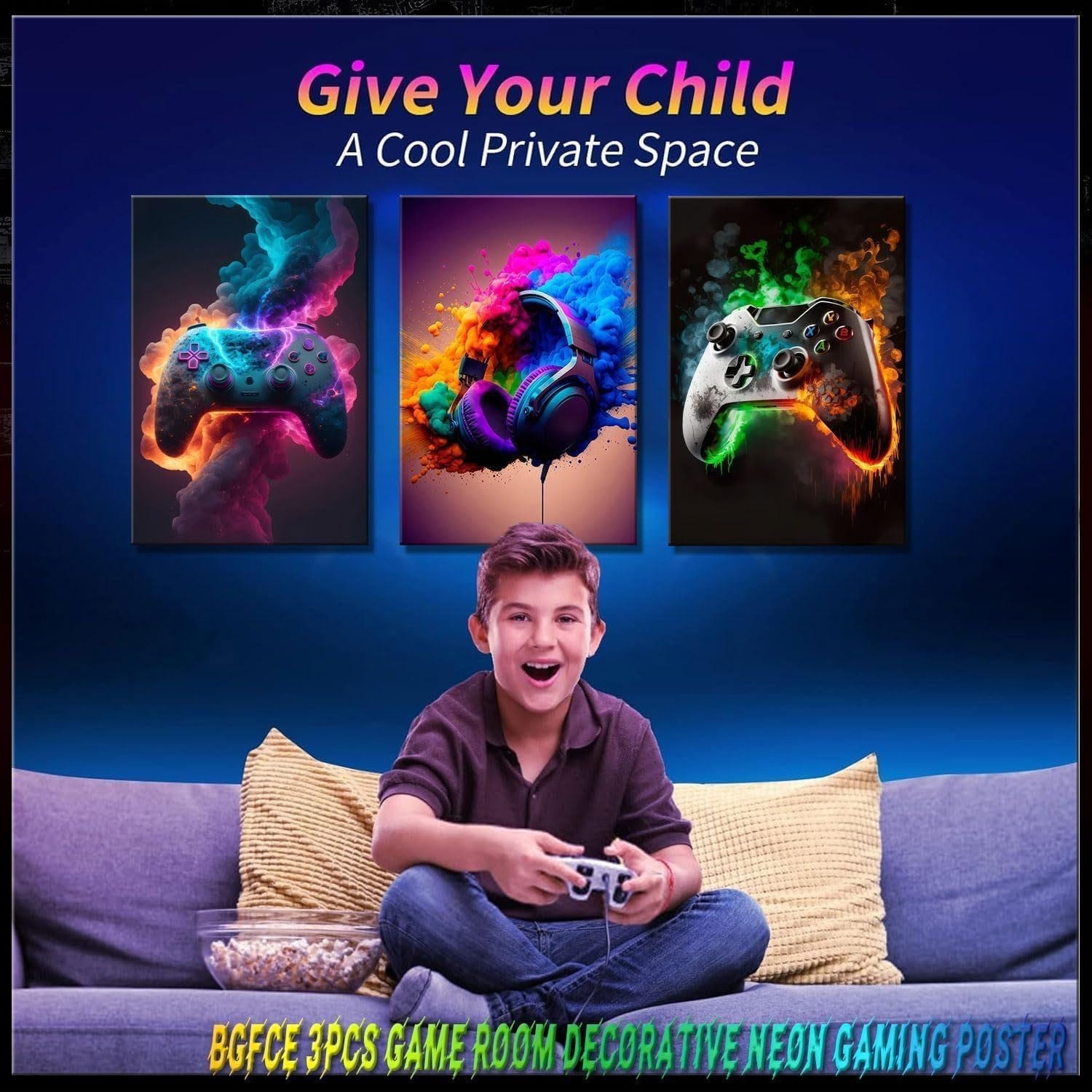 Vibrant Gaming Wall Art Set of 3 – Neon Canvas Prints for Teen Rooms