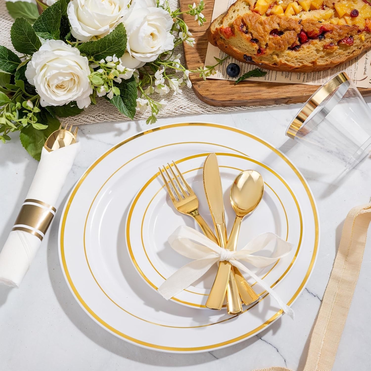 350-Piece Gold Disposable Plates and Cutlery Set – 10.25″ Dinner Plates, 7.5…