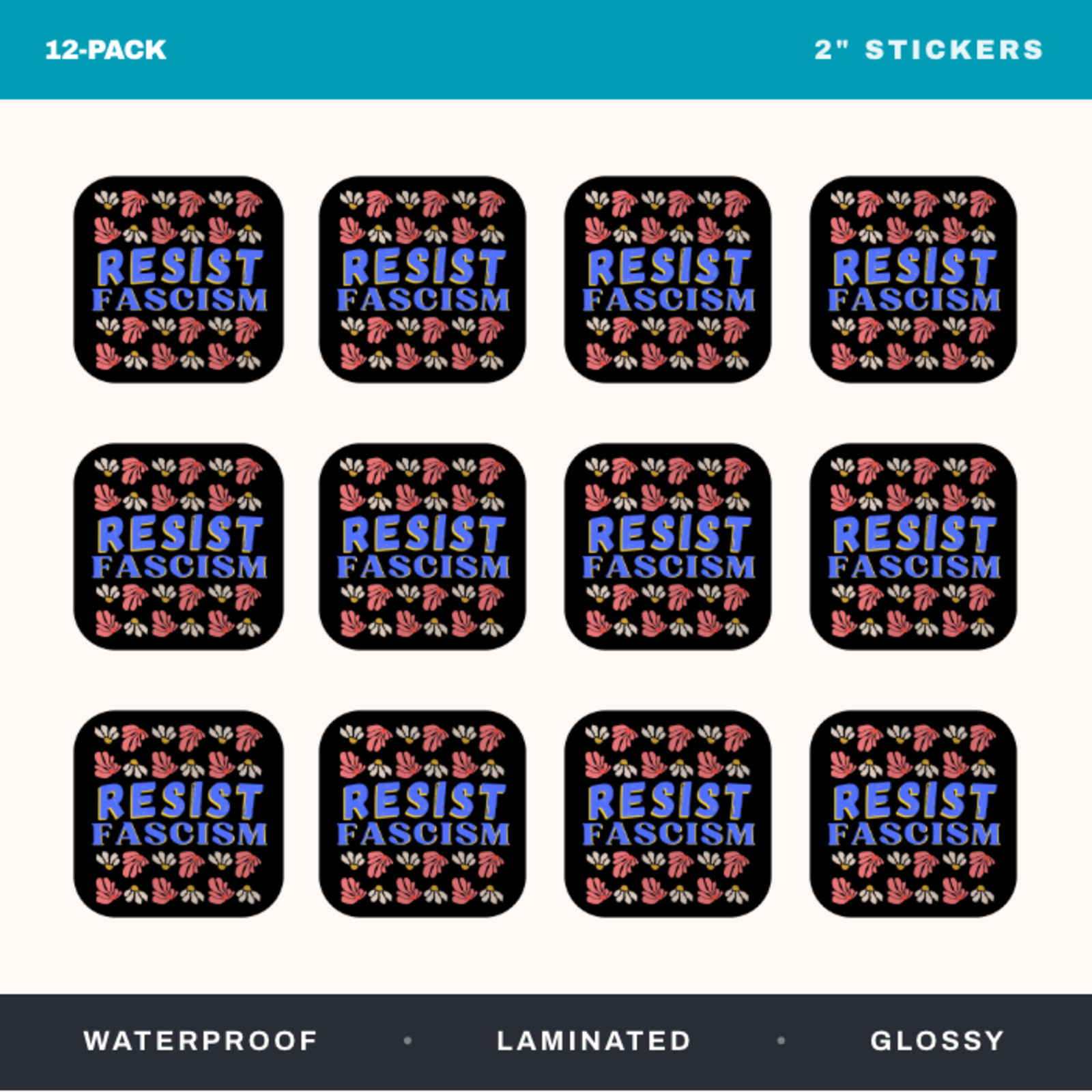 12-Pack RESIST FASCISM Anti-Fascism Stickers 2″ Die-Cut Waterproof Vinyl Decals