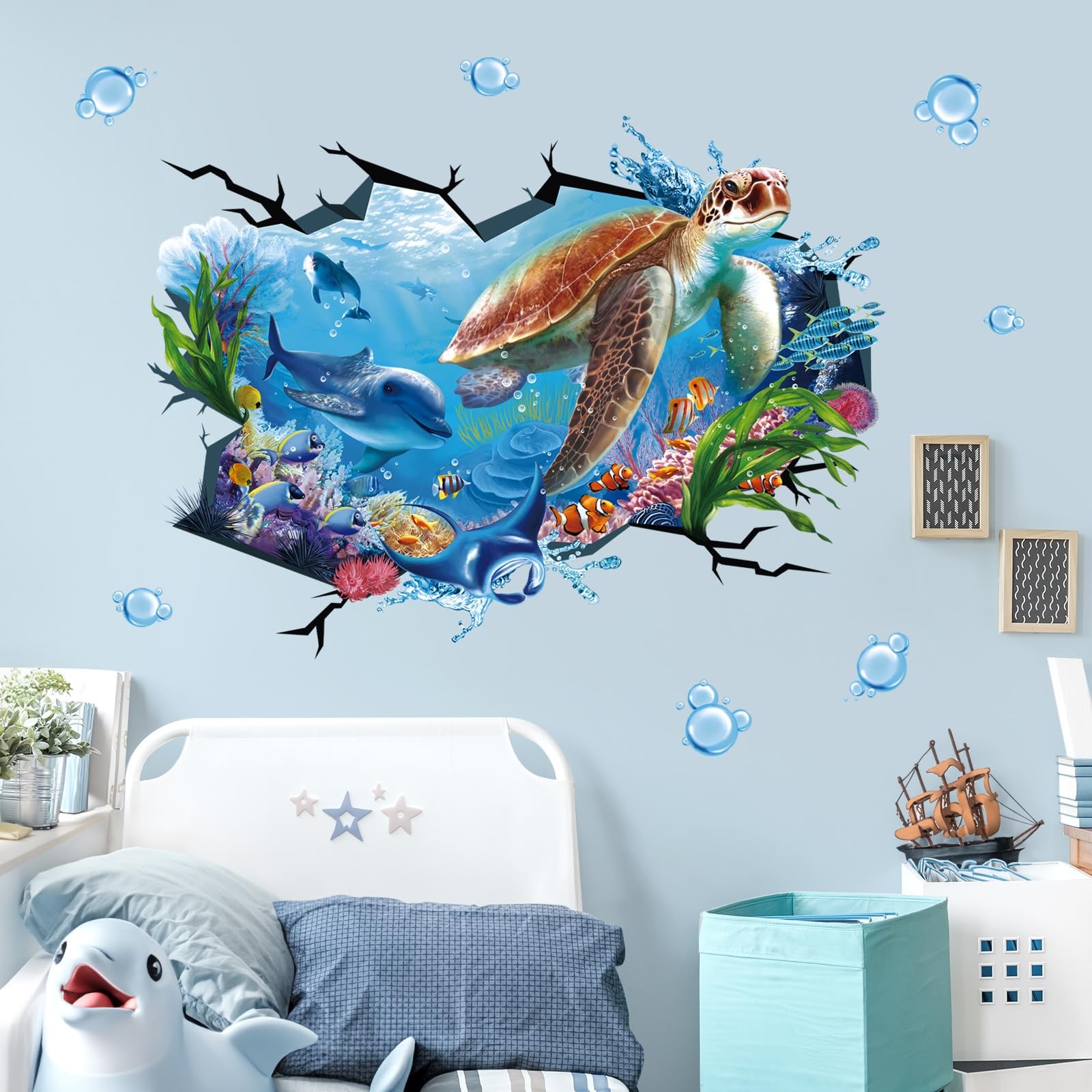 wondever Large Sea Turtle Under The Wall Stickers 3D Underwater Dolphin A