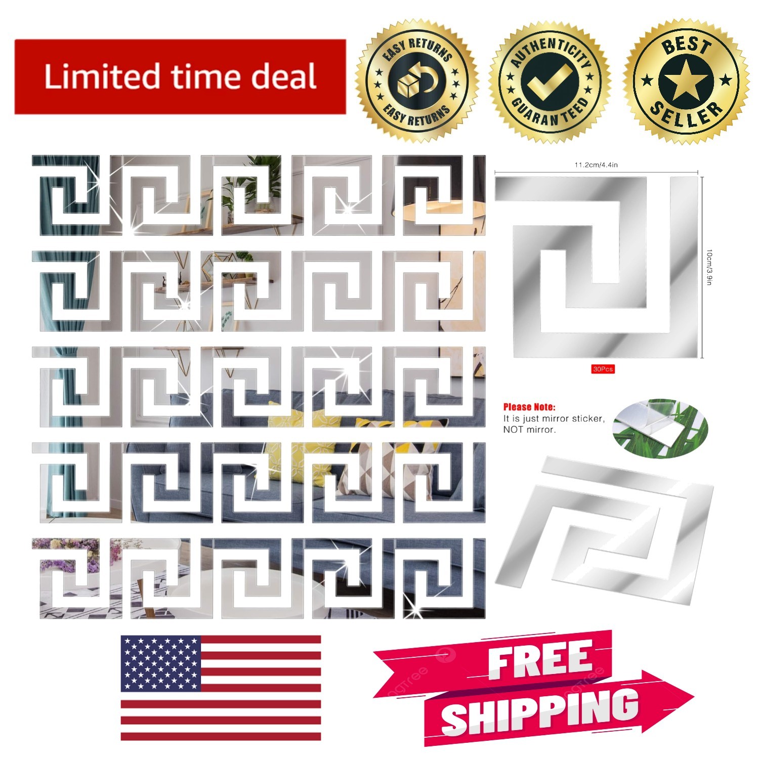 Geometric Reflective Acrylic Wall Decals – 30 Pcs Removable Stickers for Home