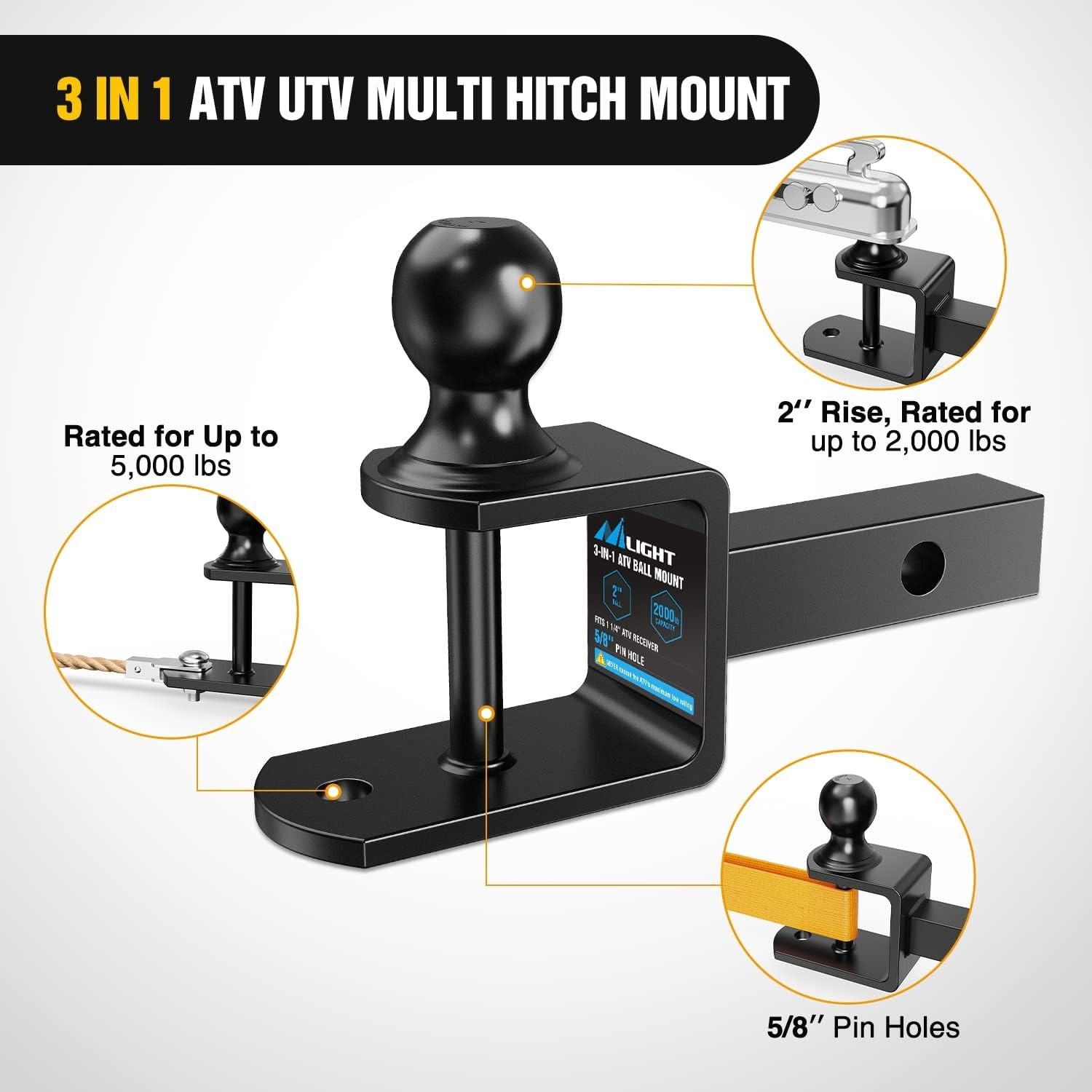 3 in 1 ATV UTV Multi Hitch Mount Fits 1-1/4″ Receiver with 2 inch Ball Hitch …