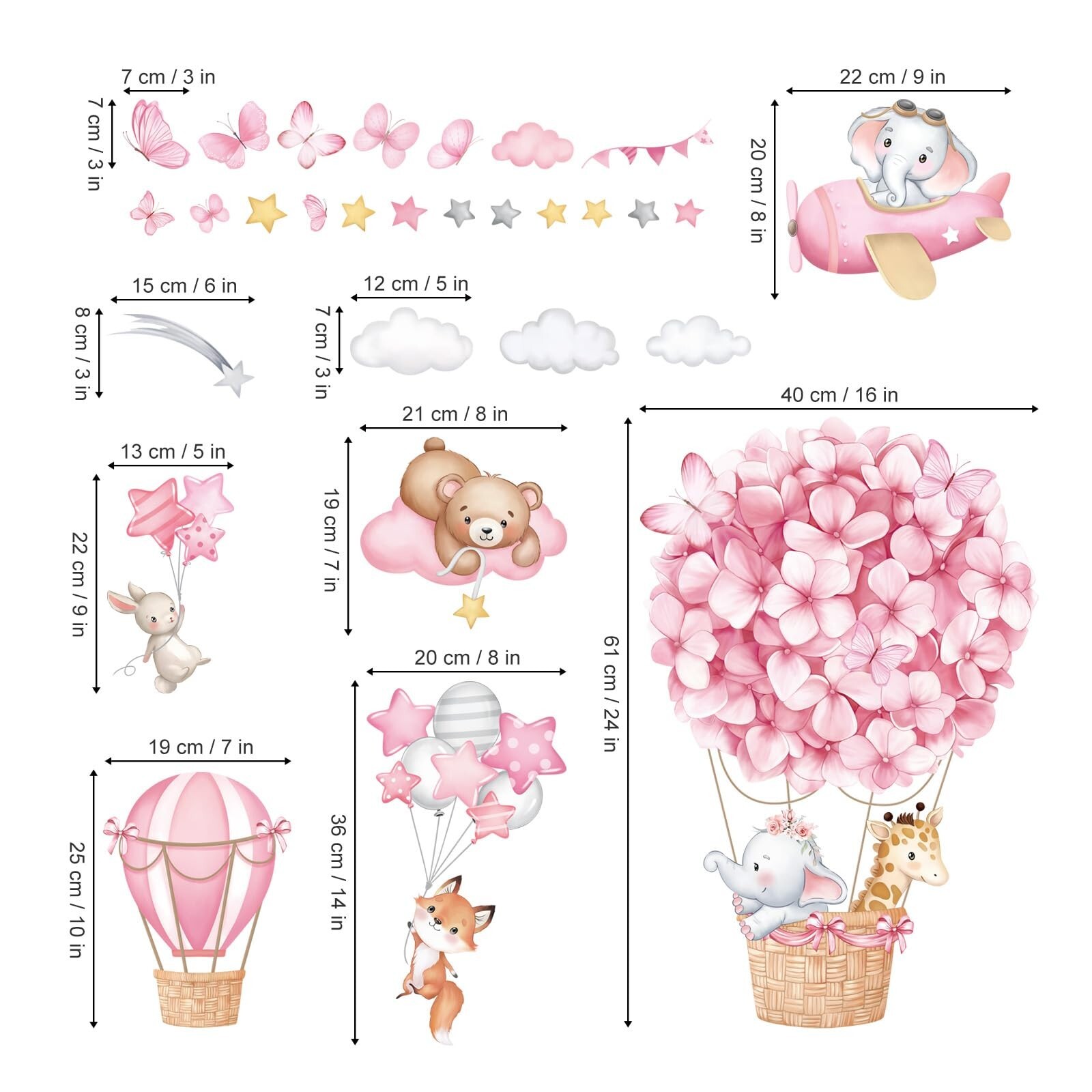 wondever Animals Hot Air Balloon Wall Stickers Flowers Elephant Giraffe Bear …