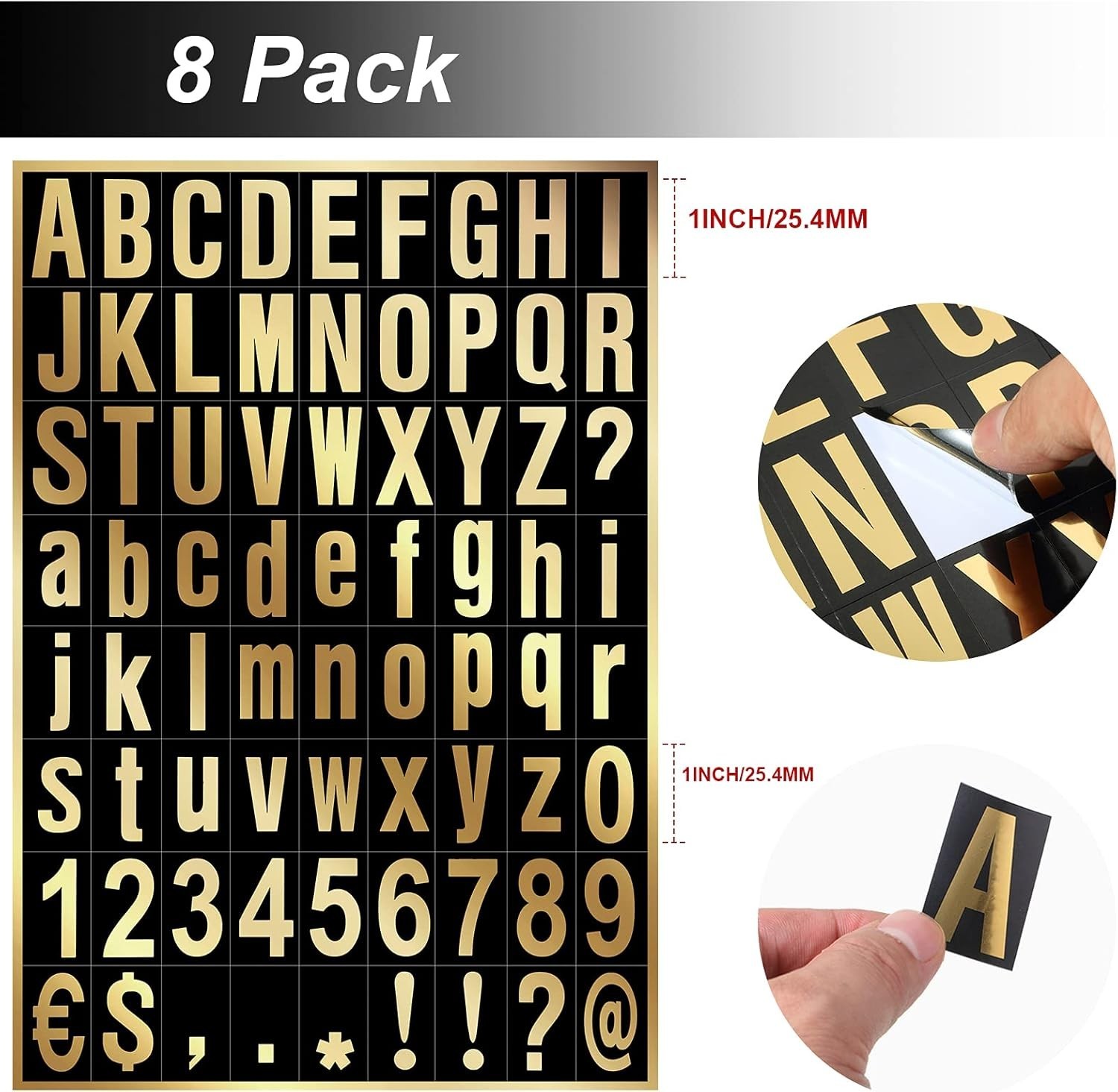 8 Sheets Self-Adhesive Vinyl Letters Numbers Kit, Mailbox 1 Inch Gold in Black