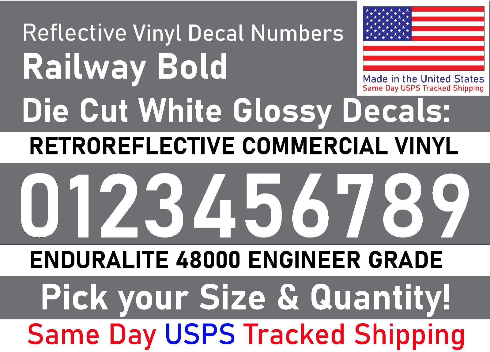 0-10 1″-5″ Your Size Vinyl Reflective Decal Sticker Numbers (White), Made in USA