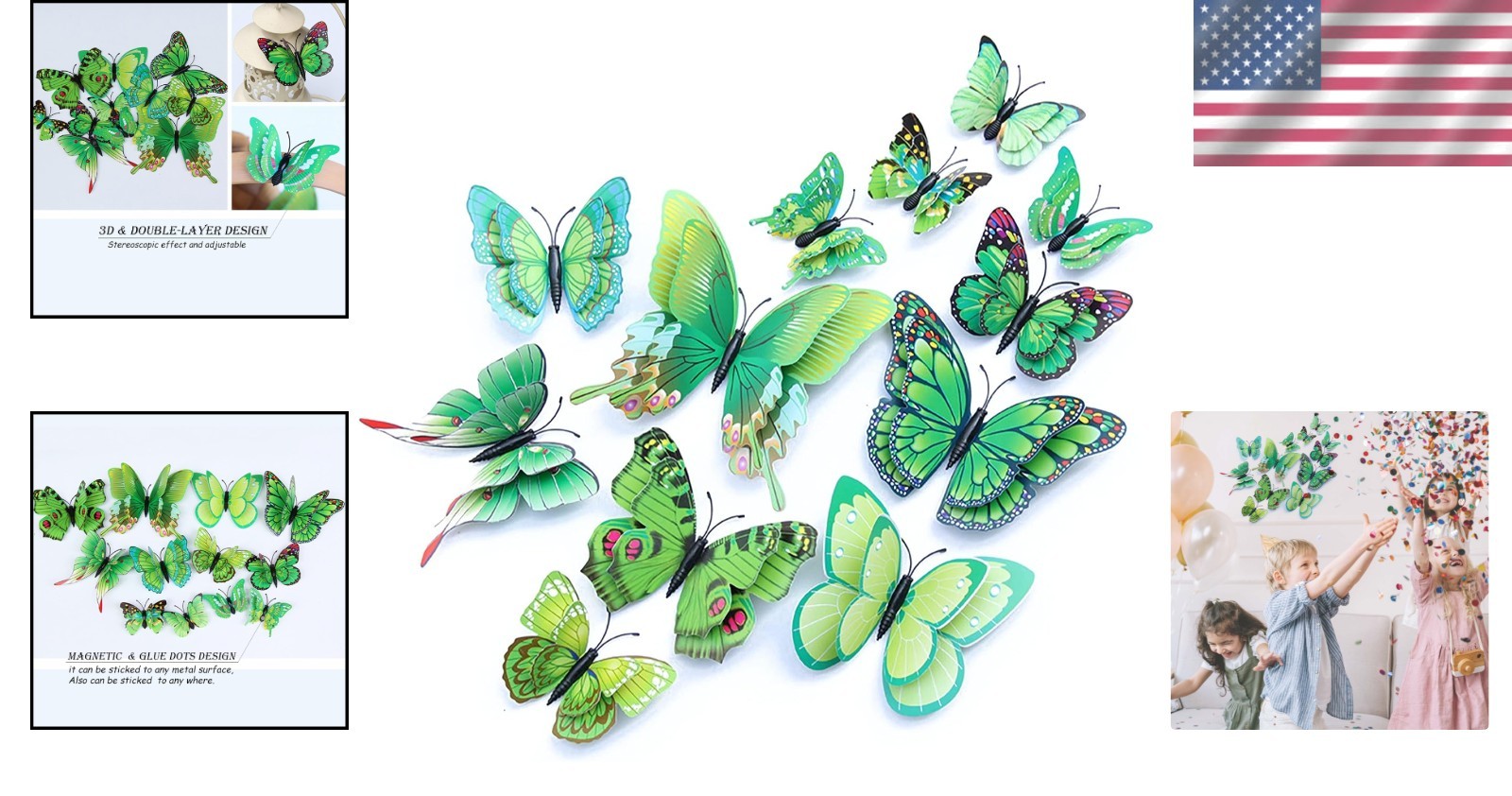Lifelike 3D Butterfly Stickers (72 PCS) – Green Magnets for Decor & Parties