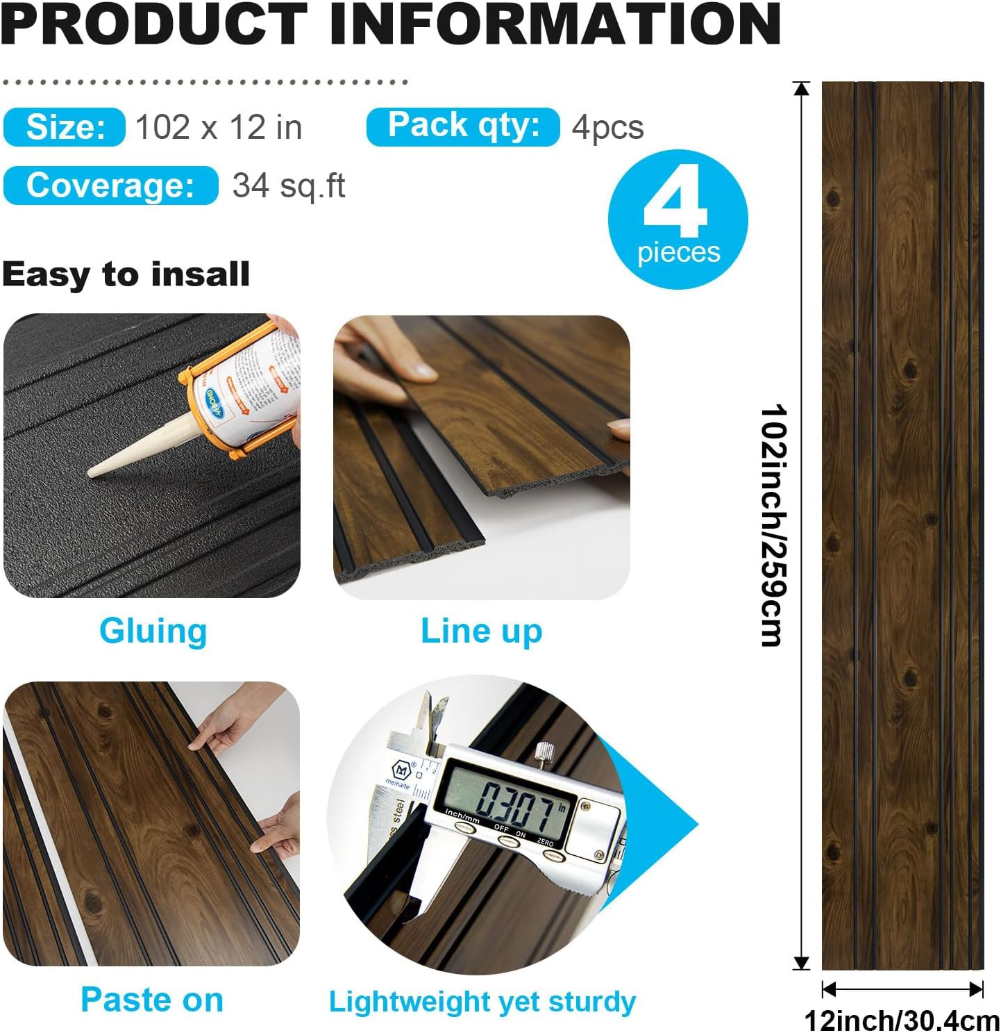 4-Pack Glue-On Wall Panels, Wood Grain Texture Interior Wall Decor, 104″X12″ Rec