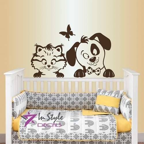Vinyl Decal Cute Cartoon Puppy and Kitten Kids Children Nursery Sticker 1680