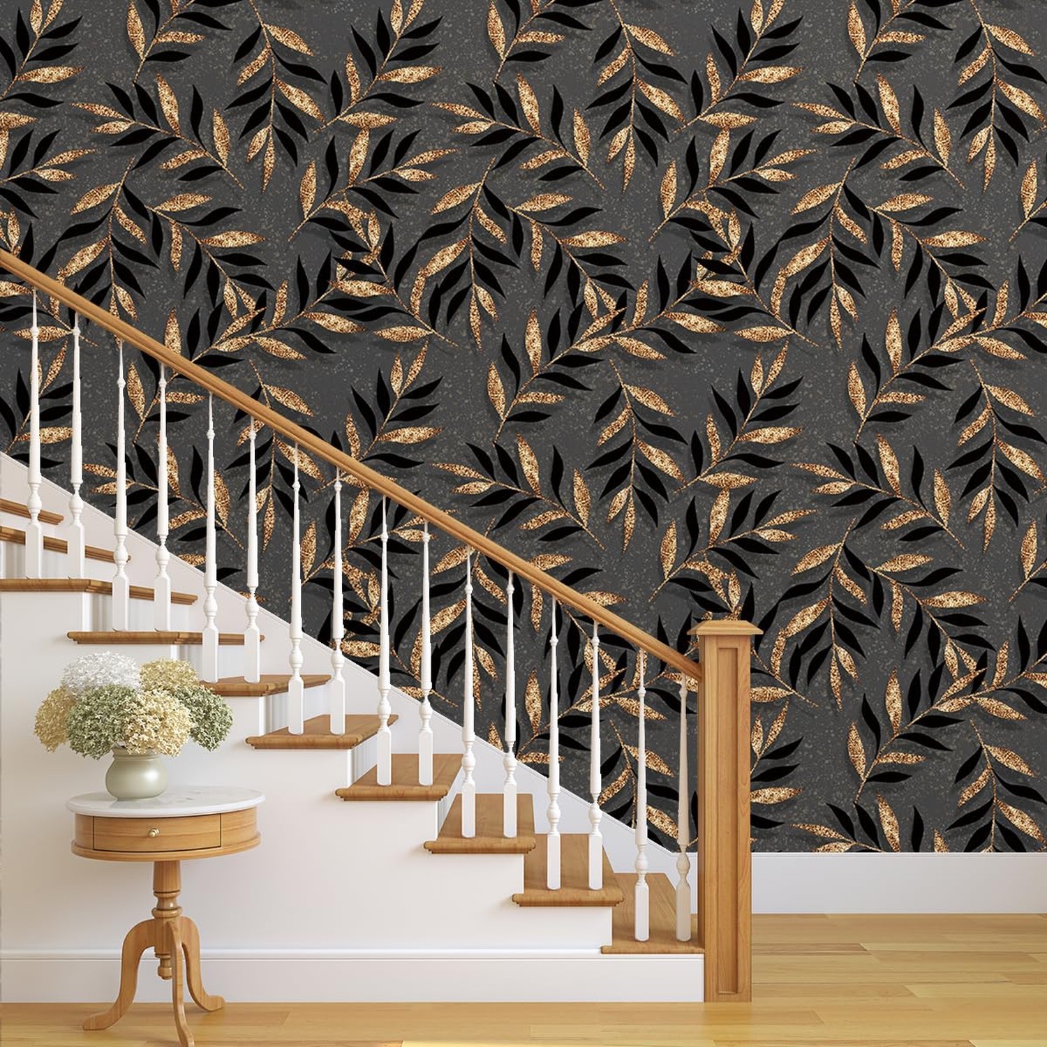 Dark Gray Background with Golden Leaf Pattern Wallpaper 17.71″x118.1″ Peel an…