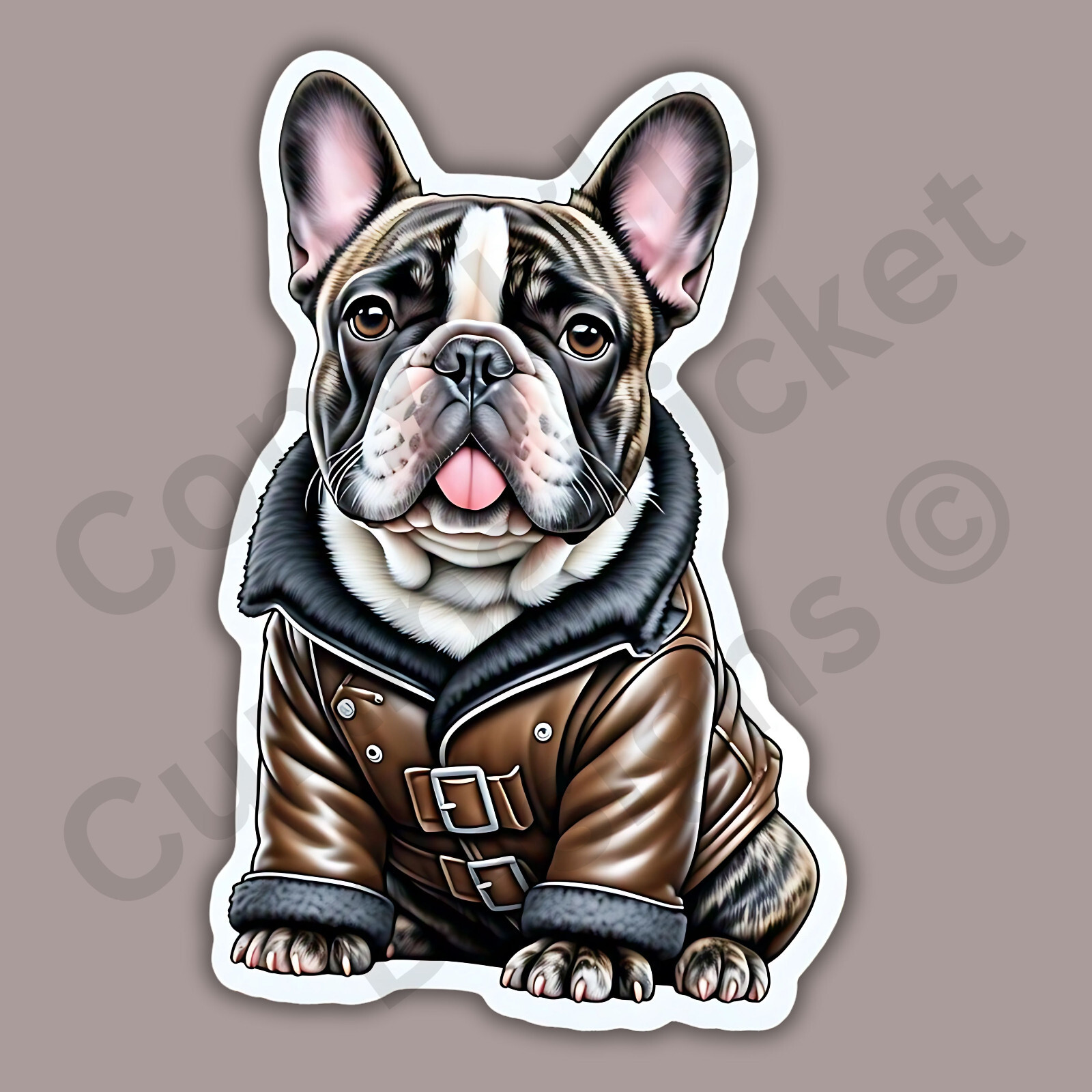 French Bulldog In A Brown Leather Jacket Cute Funny 3″ Vinyl Sticker