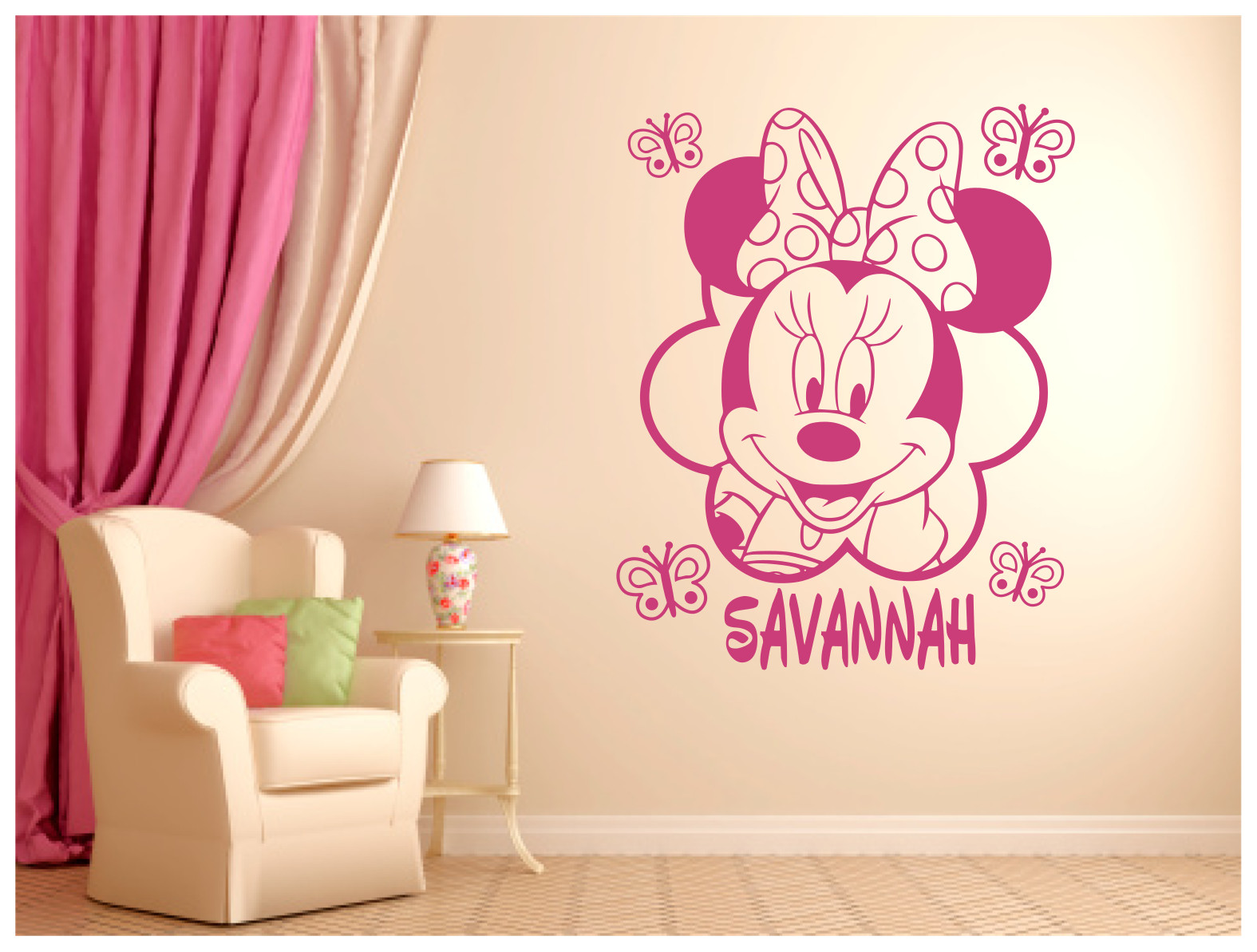 Minnie Mouse Butterflies with Name Vinyl Wall Sticker Decal 22″x27″ Colors