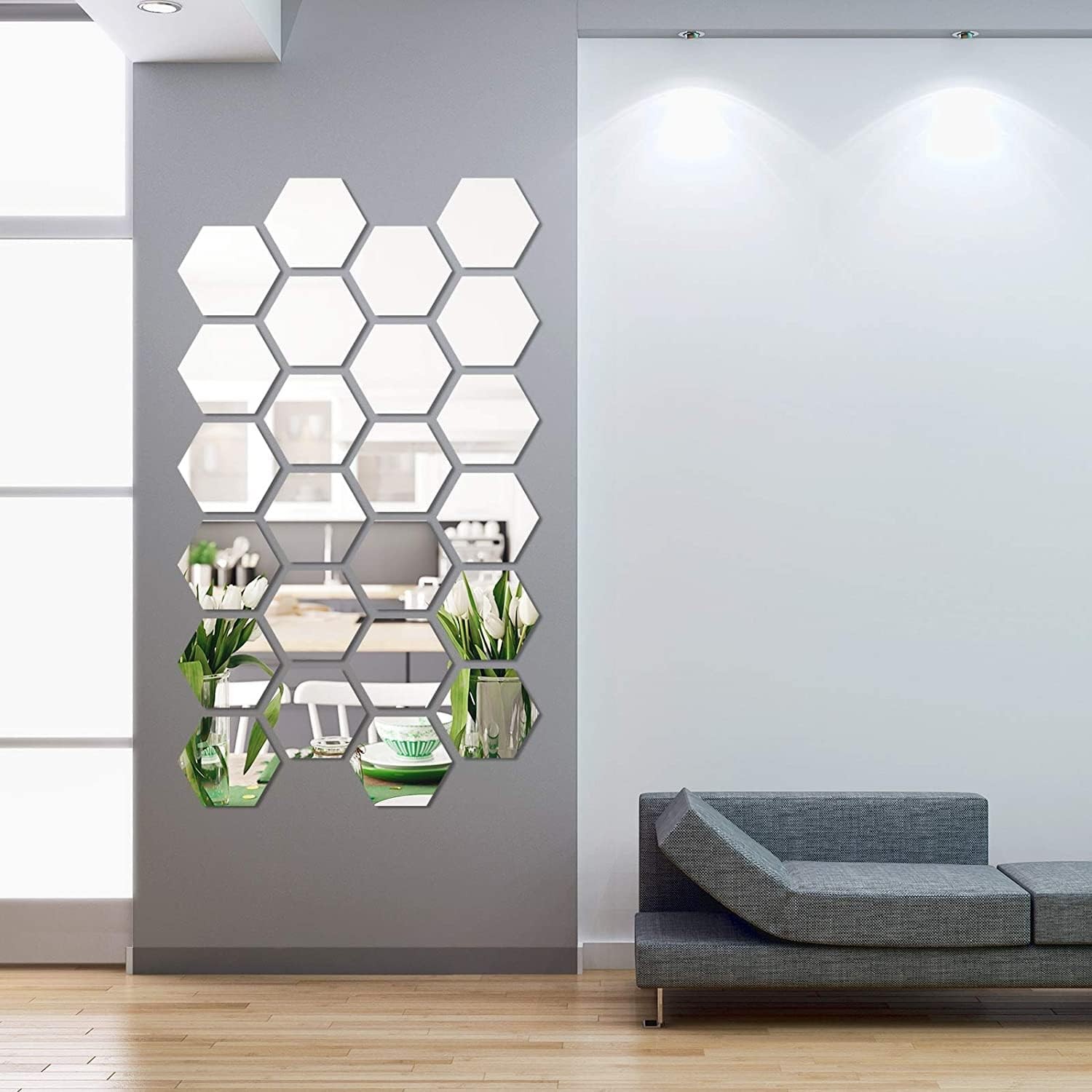 Shappy 24 Pieces Hexagon Mirror Wall 12.6 x 11 x 6.3 cm, Silver