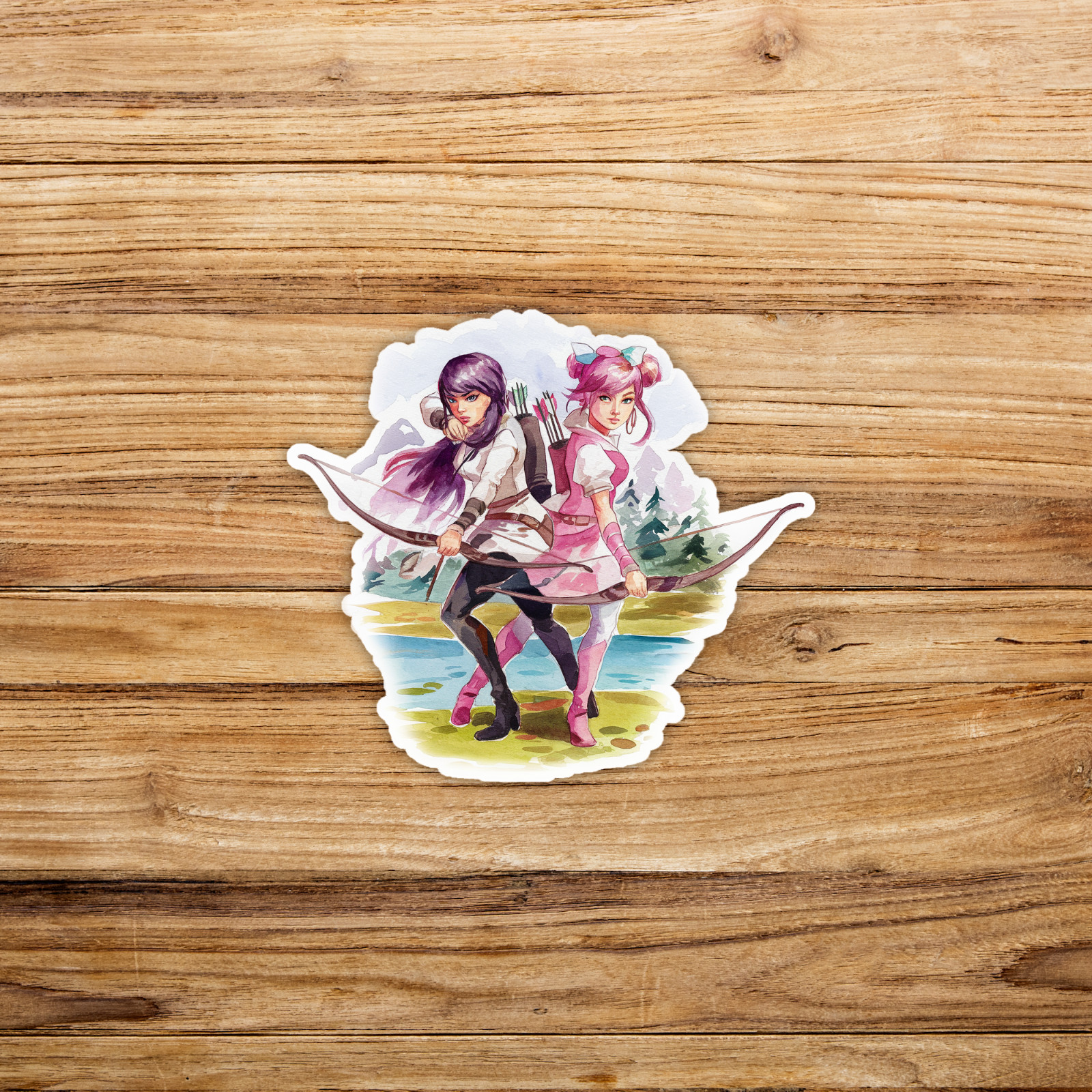 Watercolor Sticker: Archer Girls in Pink & Purple, Fantasy Adventure Art #719