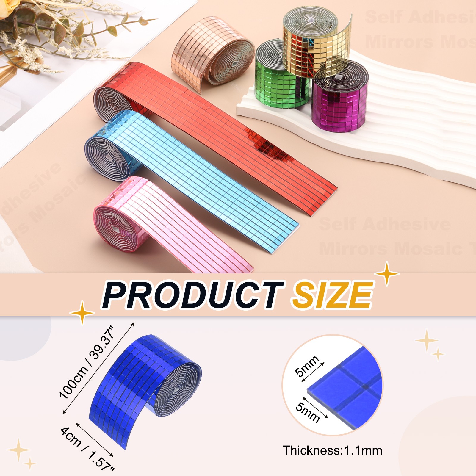 5x5mm Self Adhesive Mirrors Mosaic Tiles, 3200 Pcs Mosaic Sticker, Blue
