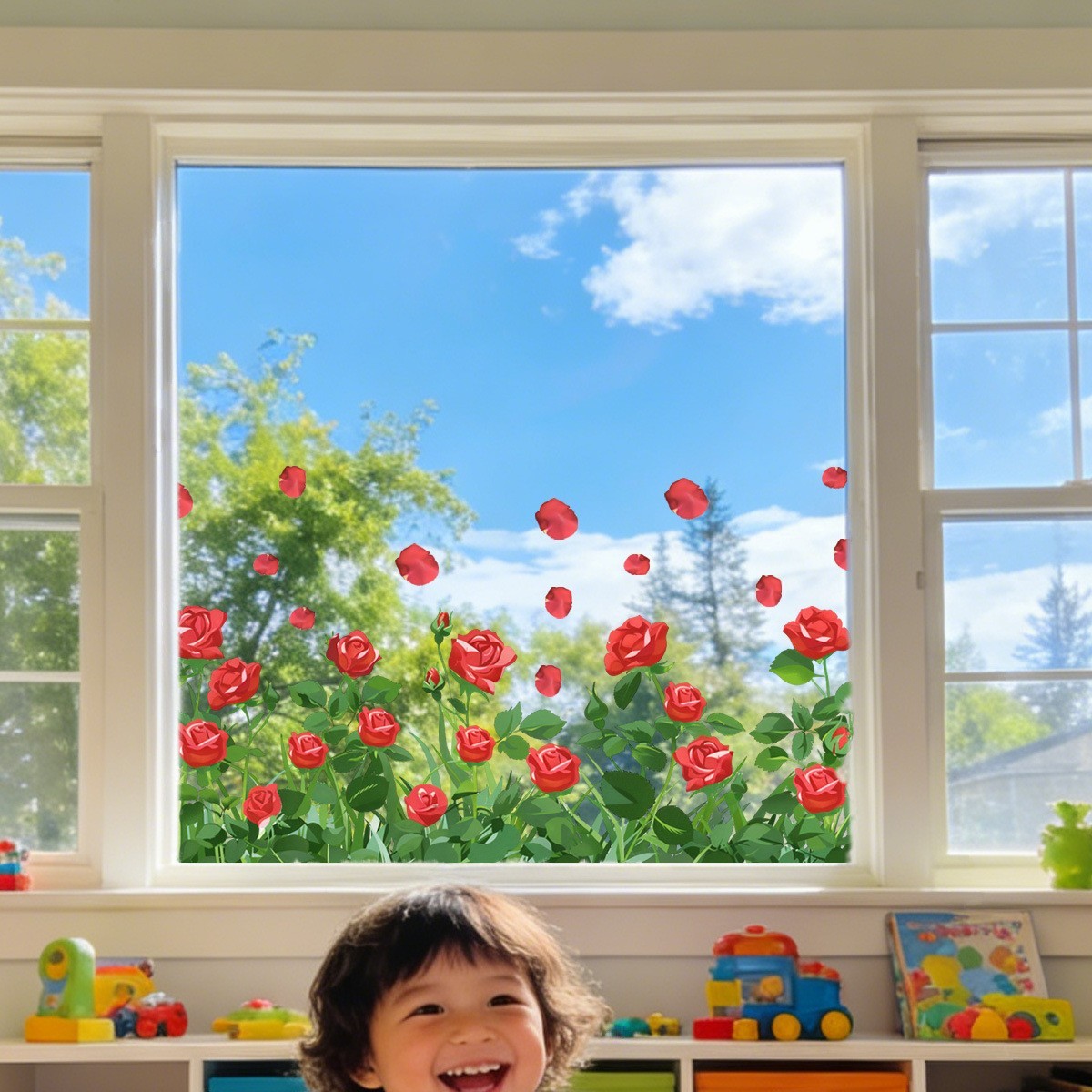 90x30cm Red Rose Window Cling PVC Reusable Static Cling for Doors Mirrors