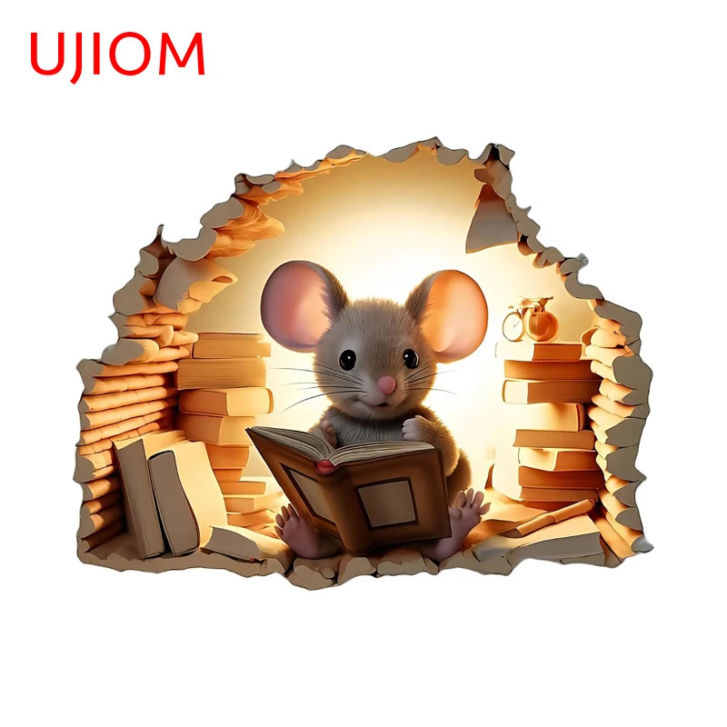 UJIOM Lovely Mouse Hole Wall Sticker Mouse Reading Book in Wall Decal Amusing