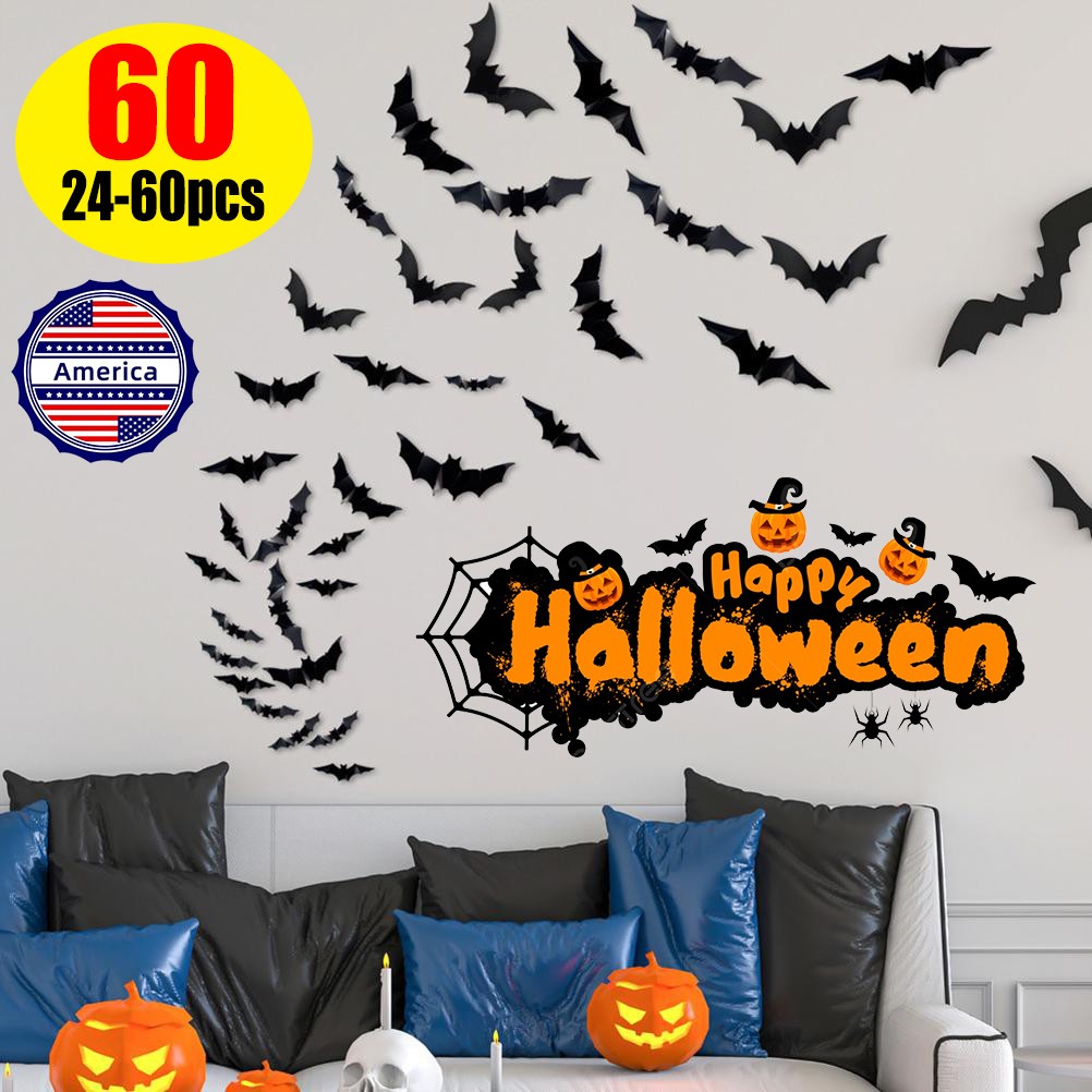 Bats Wall Decor, 24-60Pcs 3D Bat Halloween Decoration Stickers for Home Party US