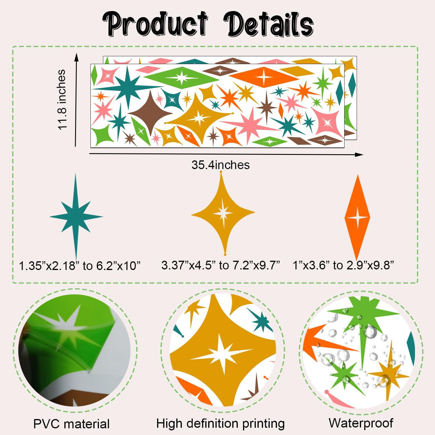 Colorful Stars Wall Stickers, Mid Century Modern Vintage Atomic Star Vinyl Wall