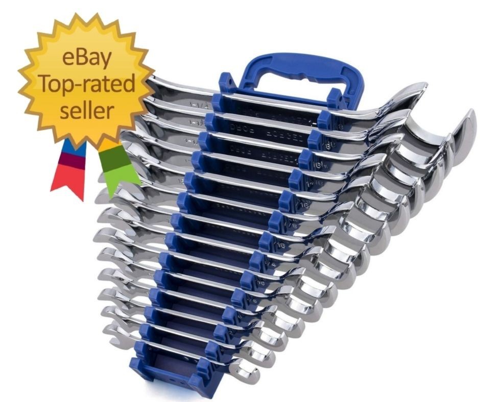 14-Piece Angle Head Open End Wrench Set, Chrome Vanadium Steel, Inch Sizes & Rac