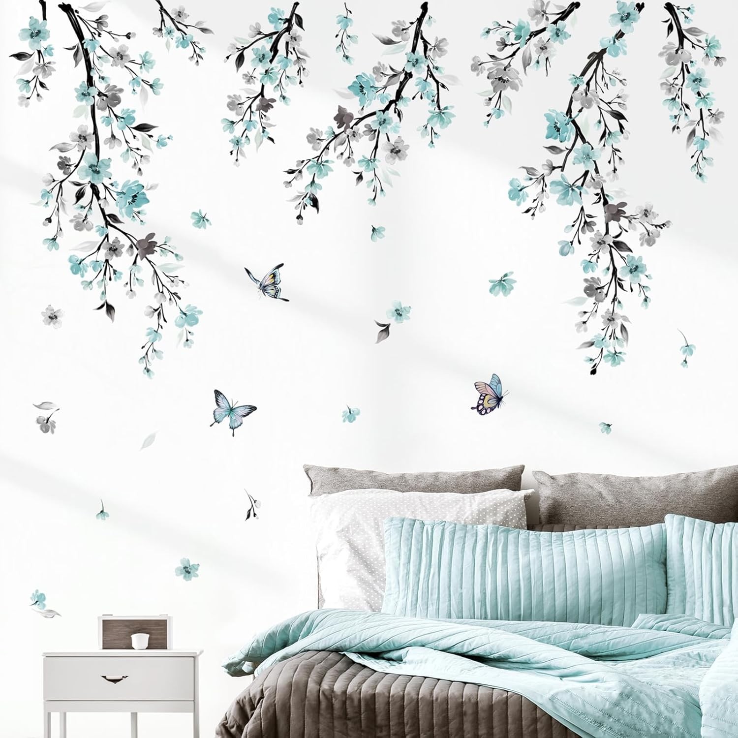 wondever Watercolor Flower Vine Wall Stickers Blue Hanging Floral Tree Multi