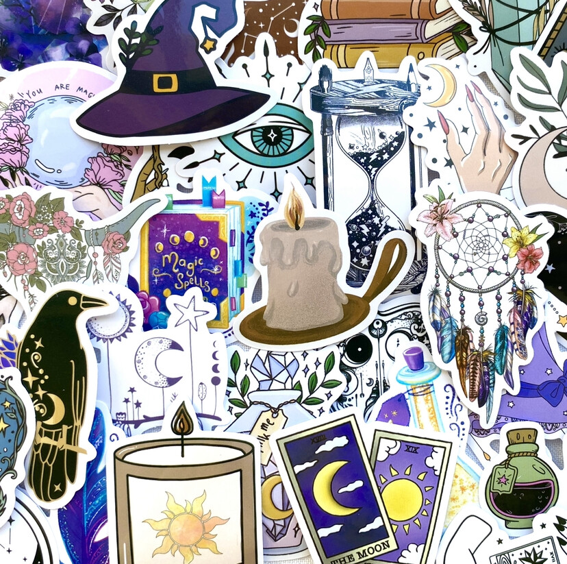 5-50 pcs Gothic Stickers, Halloween Wizard Raven Dark Candle Water Bottle Decals