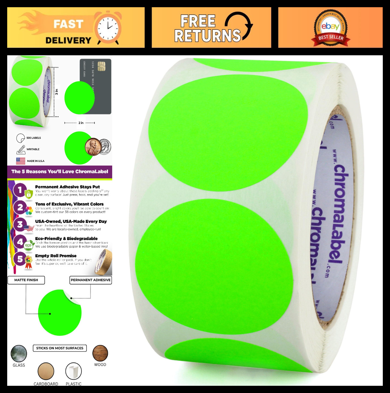 2″ Color Coded Stickers – Fluorescent Green Write-On Dots, 500 Permanent Labels