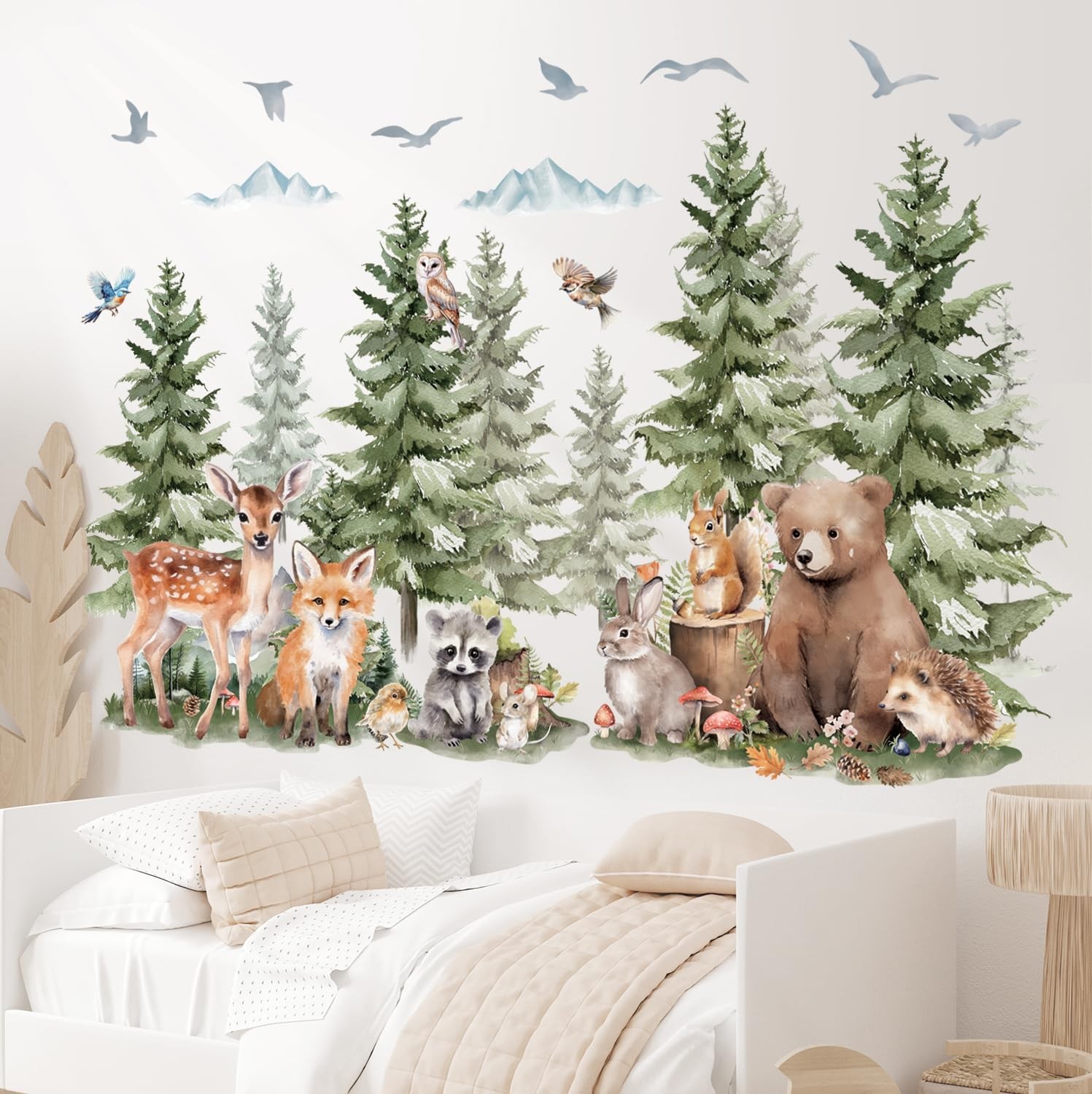 Large Watercolor Pine Tree Woodland Animals Wall Decals SG4-2422)