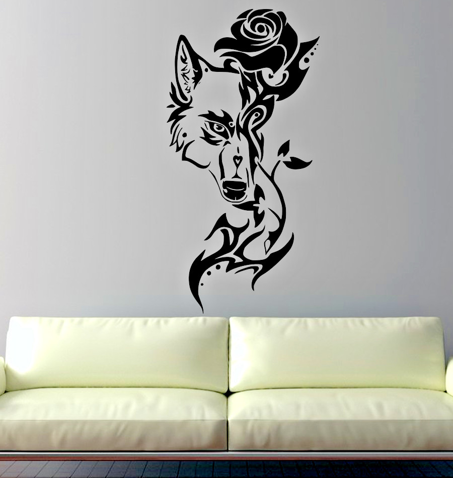 WOLF ROSE TRIBAL WALL CAR VINYL DECAL DIE CUSTOM MADE 9-22″ TALL COLOR CHOICES
