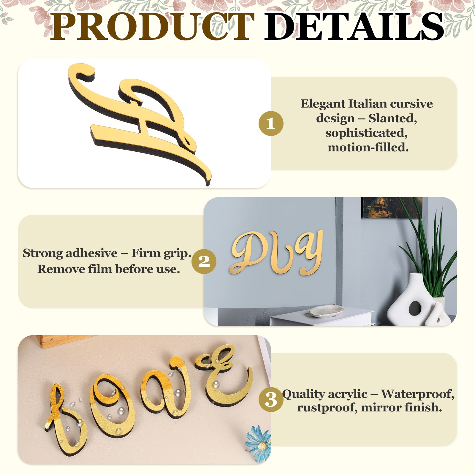 3D Acrylic Letter H 5.5 Inch Home Sticker Mirror, Light Gold