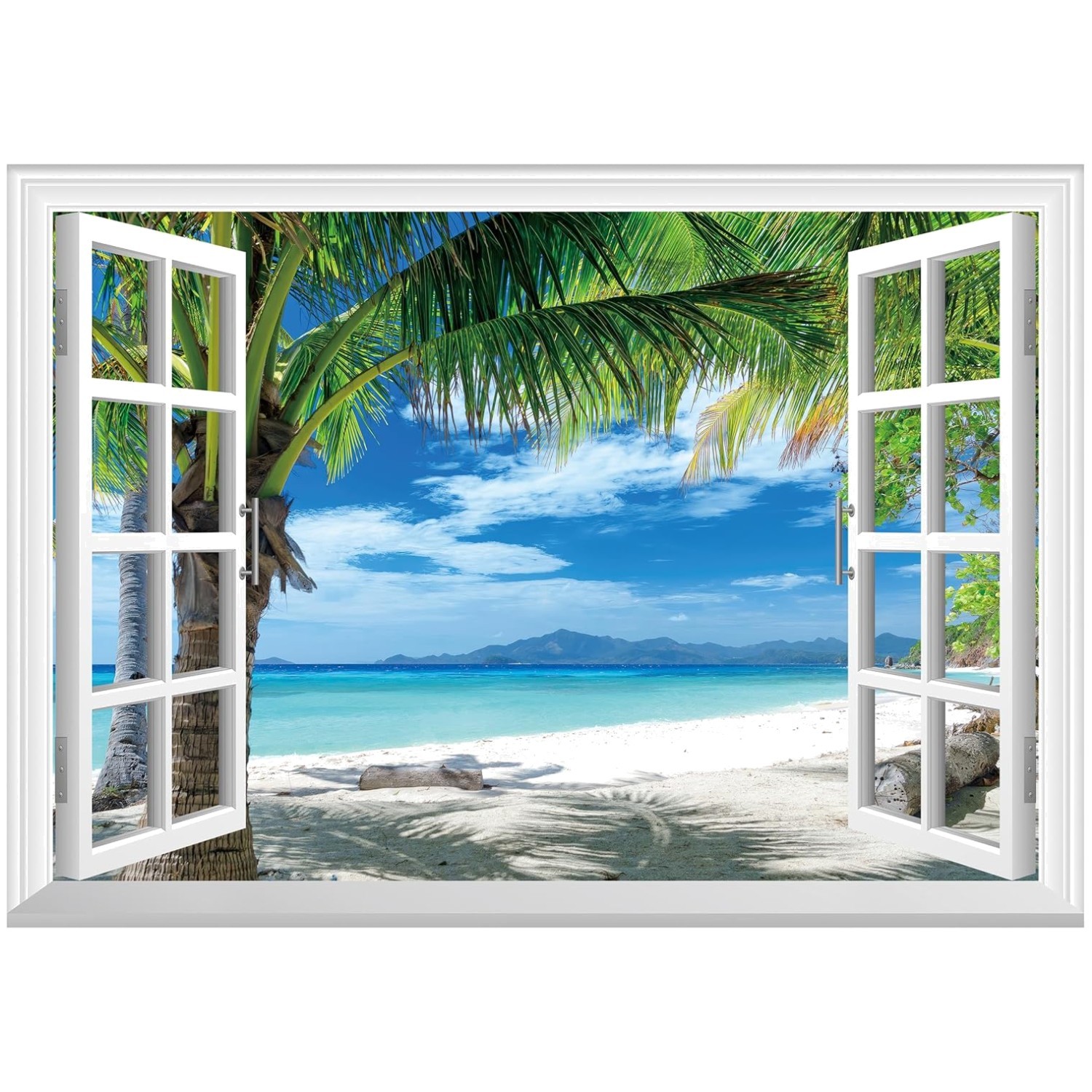Fake Window Wall Mural – Beach Palm Trees Faux Win