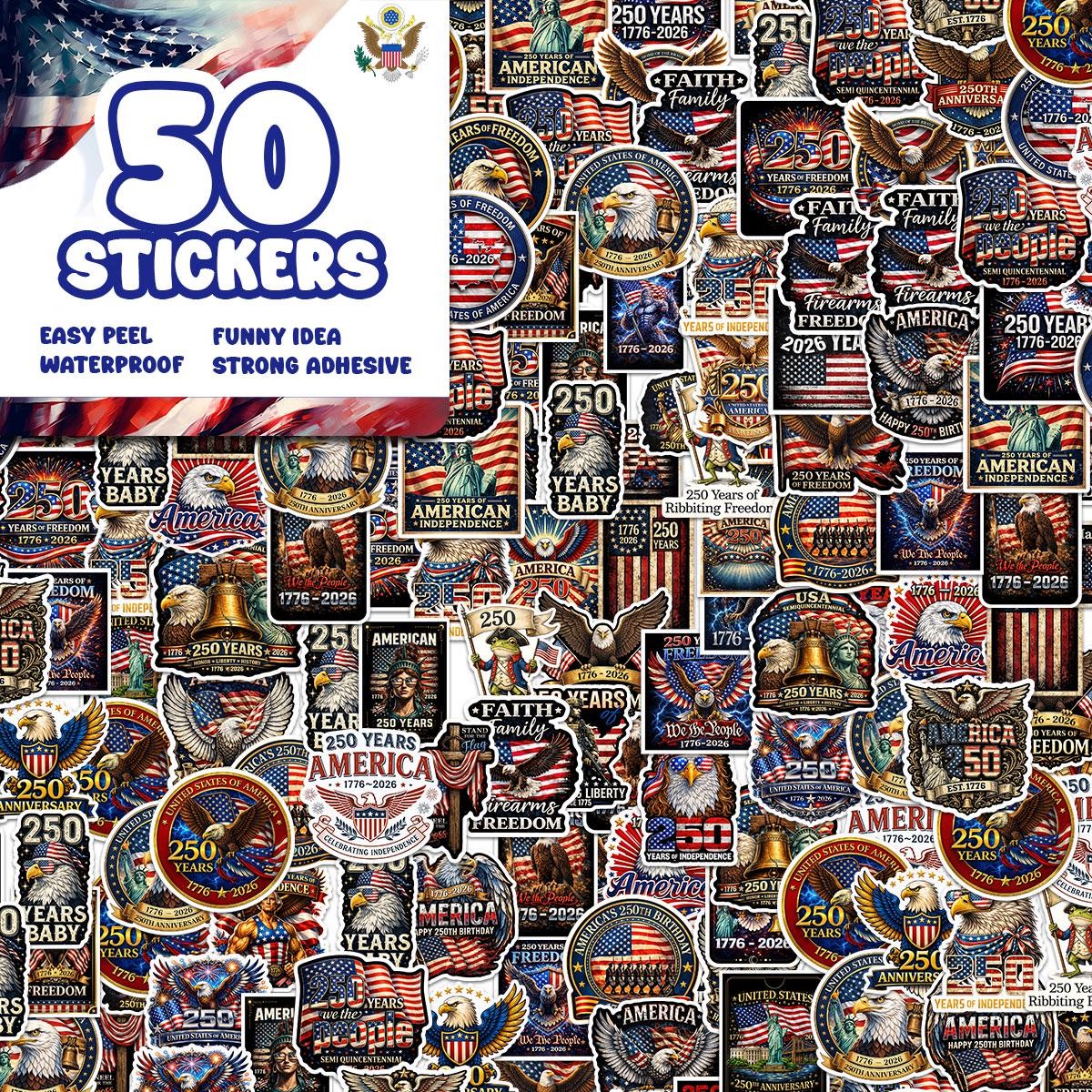 50Pcs 250th Anniversary Sticker 250 Years of Freedom Anniversary Waterproof Viny
