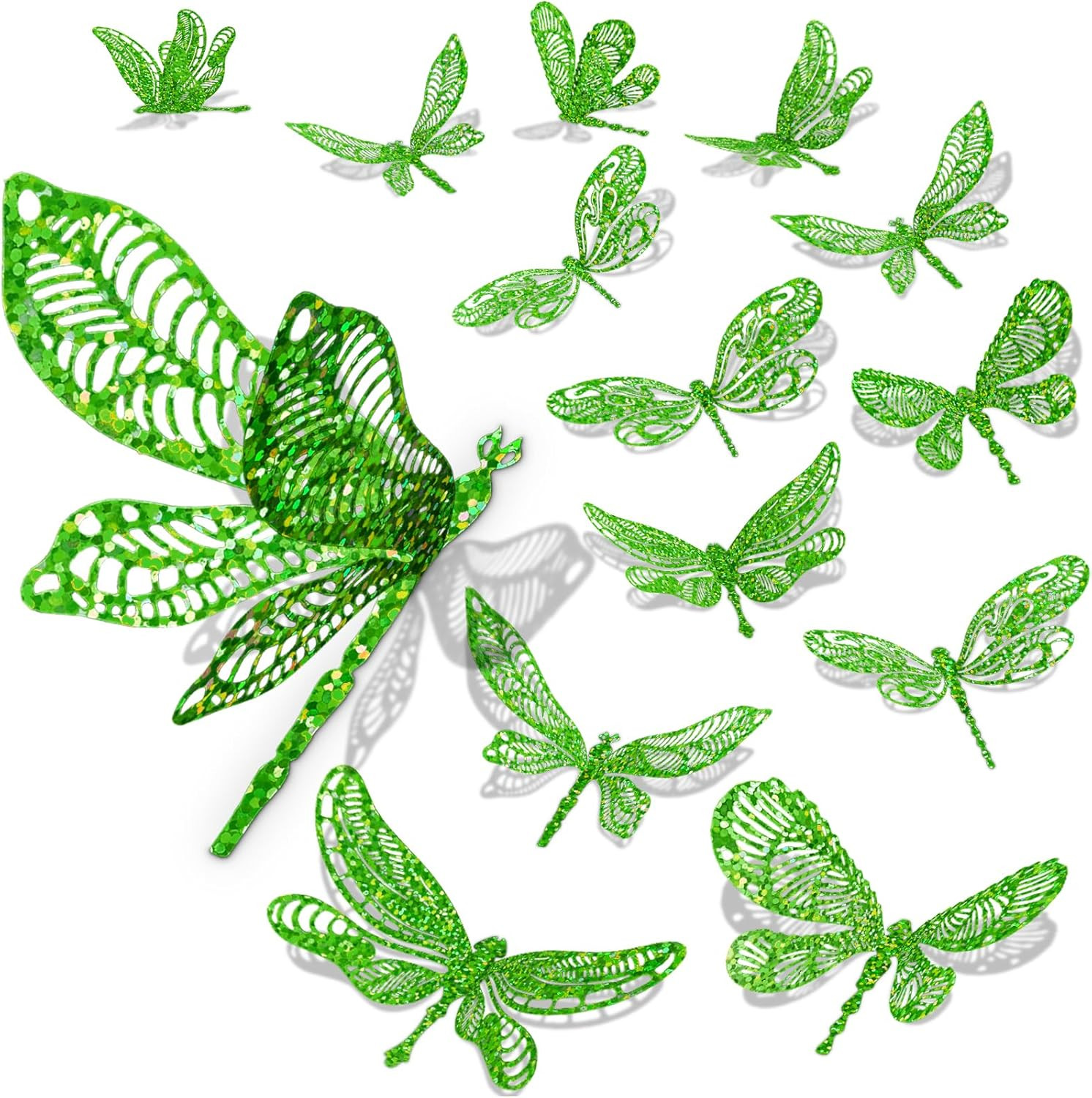 60 Pcs 3D Green Dragonfly Wall Decor, 4 Styles 3 Sizes,Dragonfly Cake Birthday P