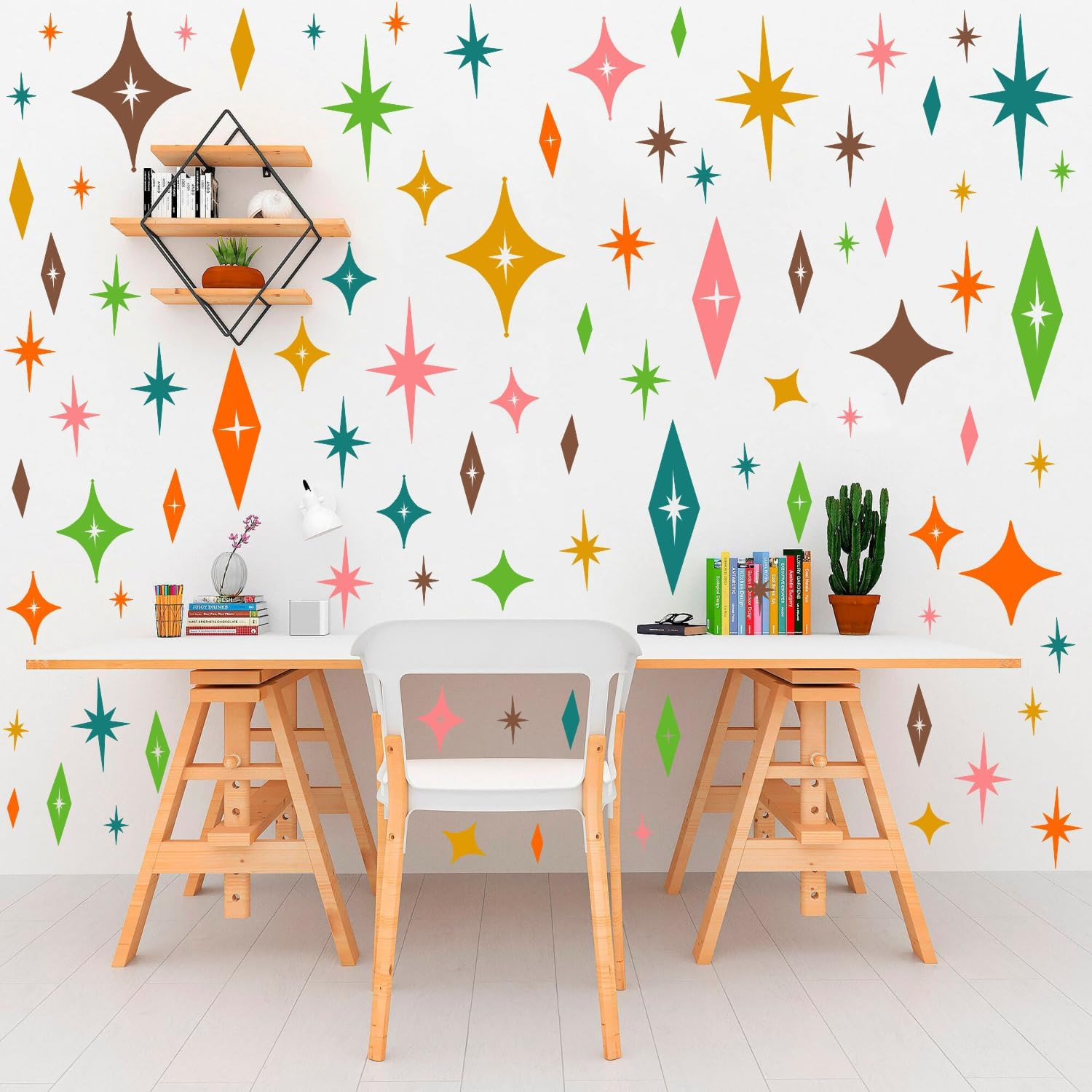 Colorful Stars Wall Stickers, Mid Century Modern Vintage Atomic Star Vinyl Wall