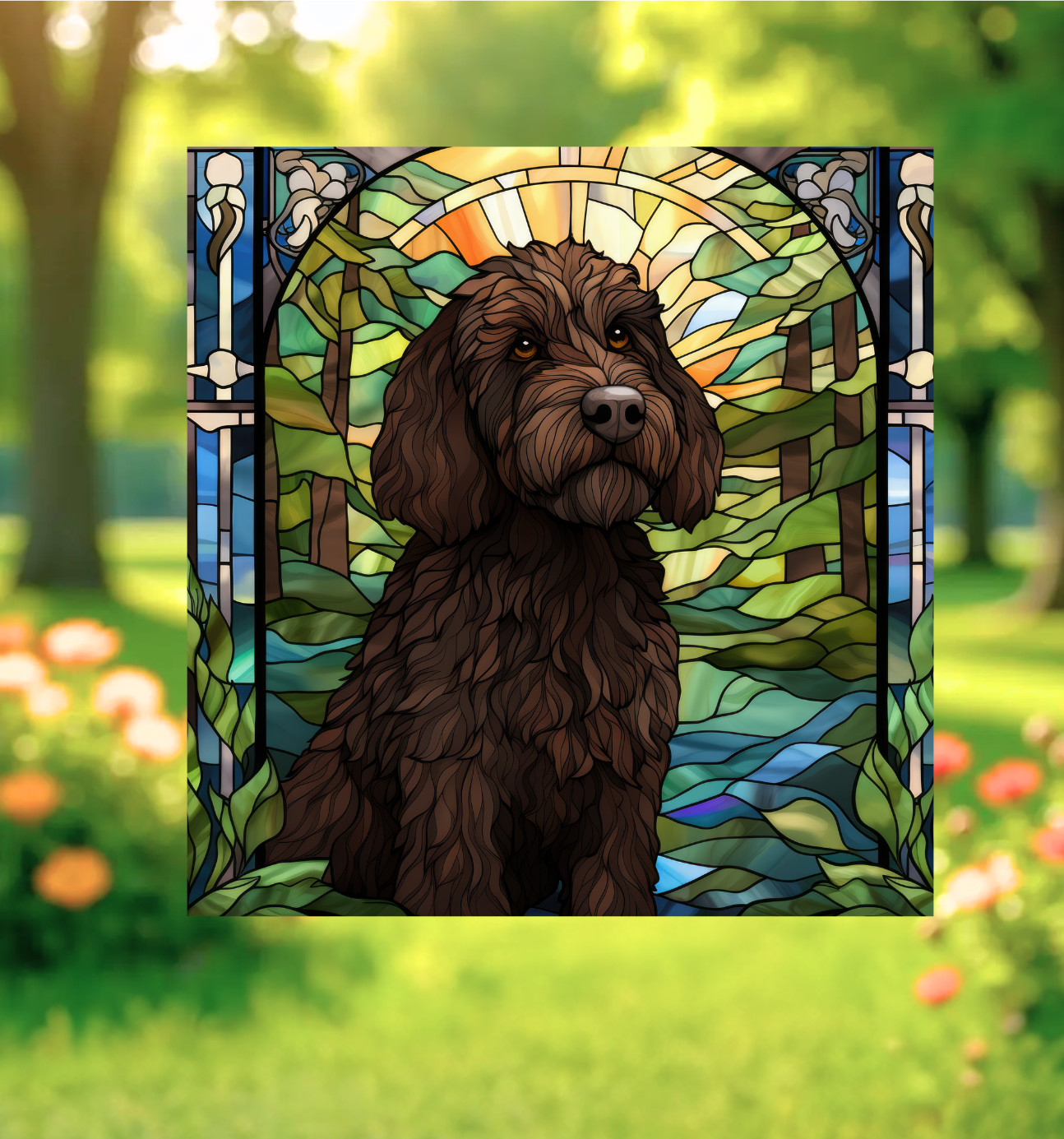 Labradoodle Dog Faux Stained-Glass WINDOW CLING Size 9.2″ Repositionable Vinyl